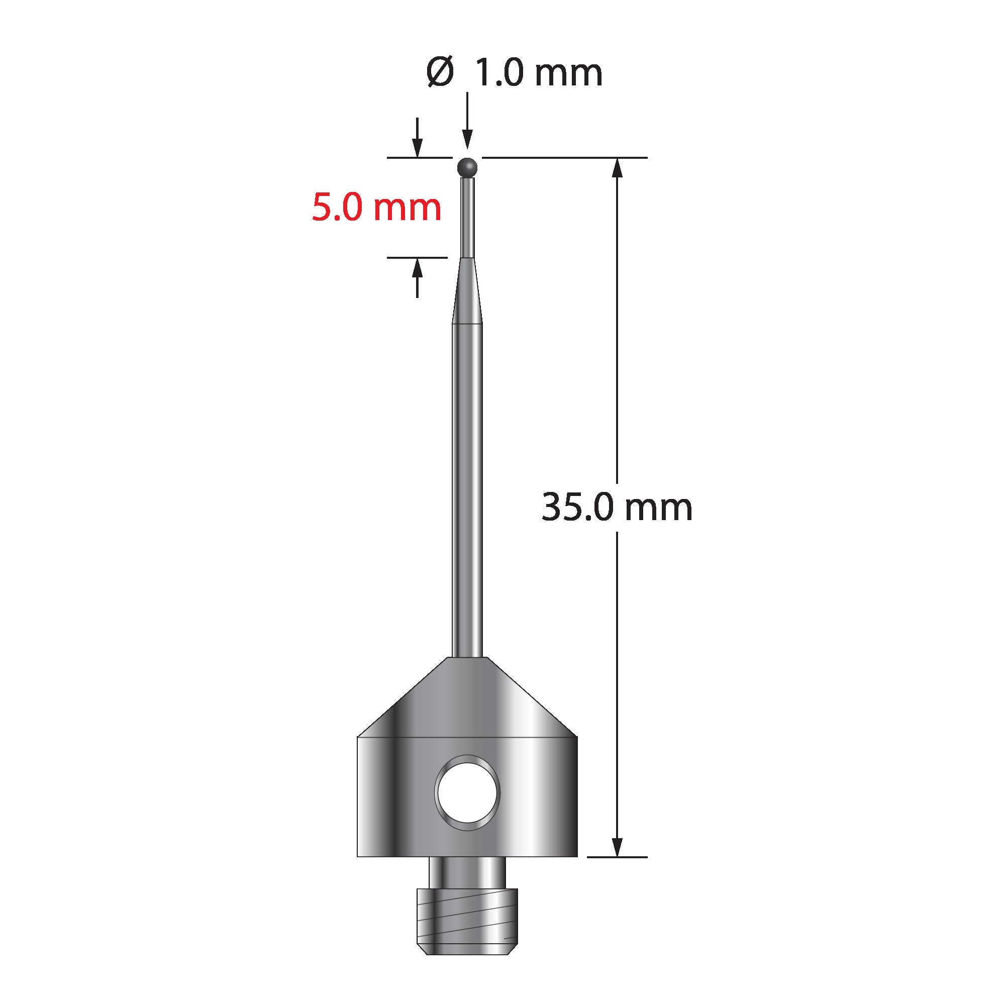 AFG-1035-L-SN M5 stylus with 1.0mm silicon nitride ball, tapered carbide stem, and aluminum base, 35.0mm long by Q-Mark Manufacturing, Inc.