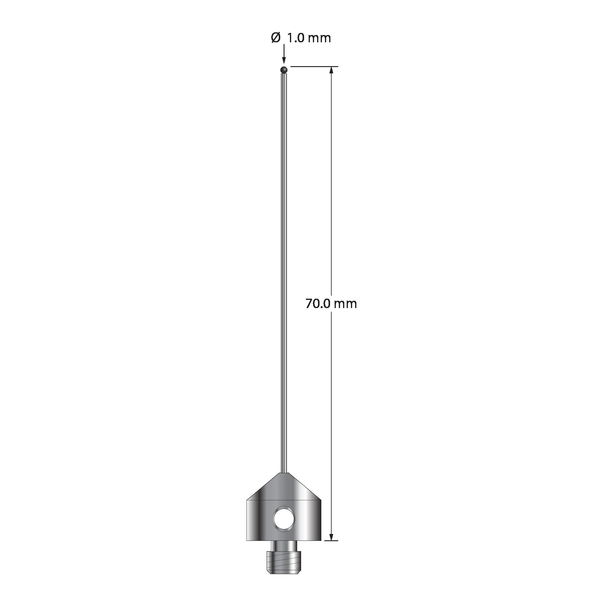 AFG-1070-DS.8-SN M5 stylus with 1.0mm silicon nitride ball, carbide stem, and stainless steel base, 70.0mm long by Q-Mark Manufacturing, Inc.