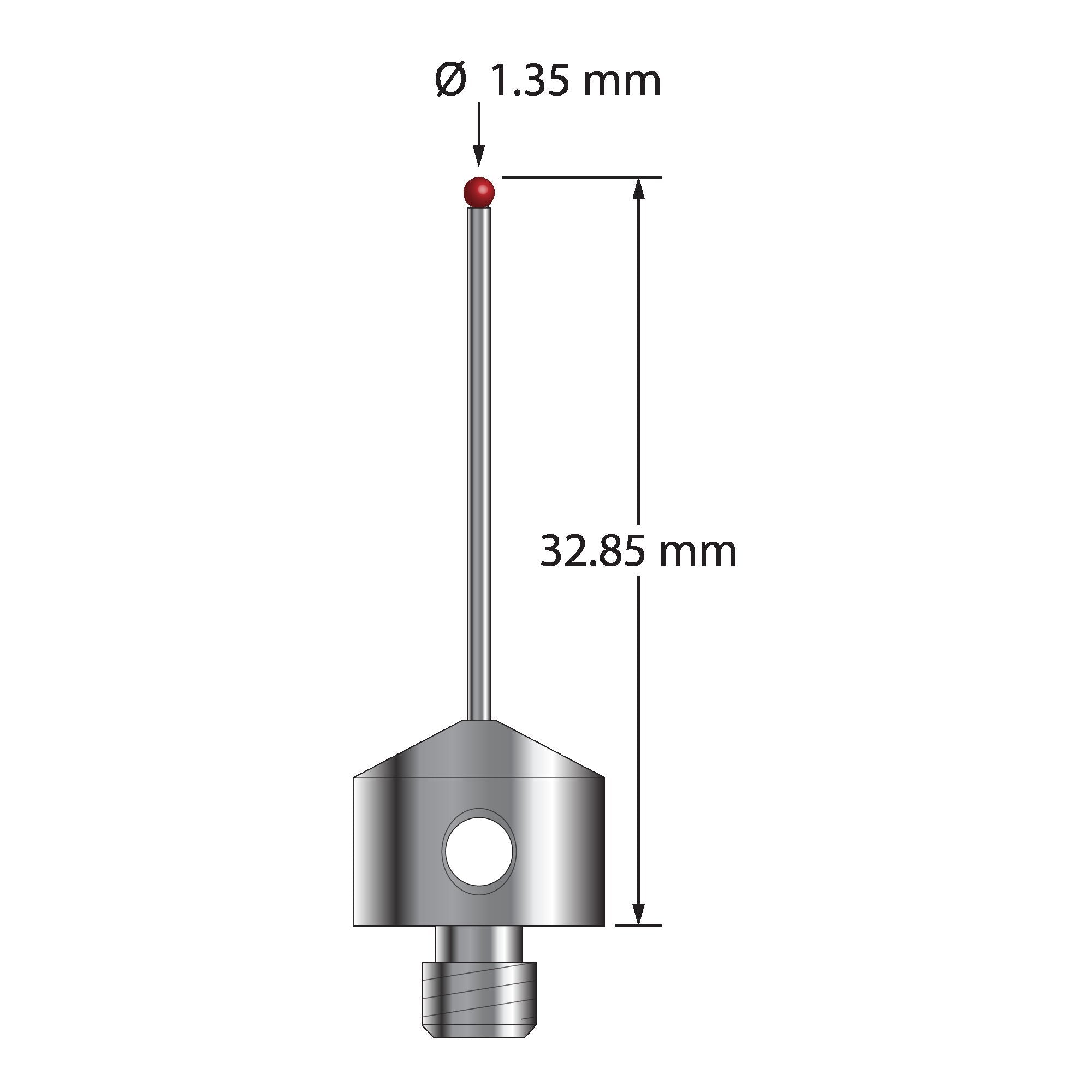 AFG-1332.85-DS1 M5 stylus with 1.35mm ruby ball, carbide stem, and stainless steel base, 32.85mm long.