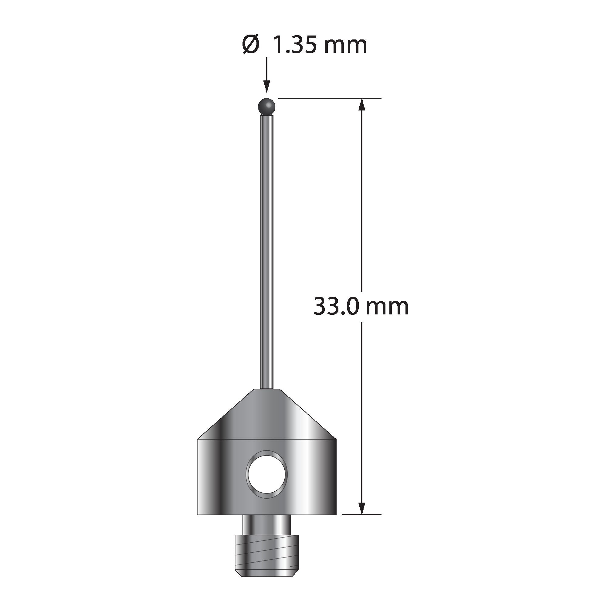 AFG-1333-SN M5 stylus with 1.35mm silicon nitride ball, carbide stem, and stainless steel base, 33mm long.