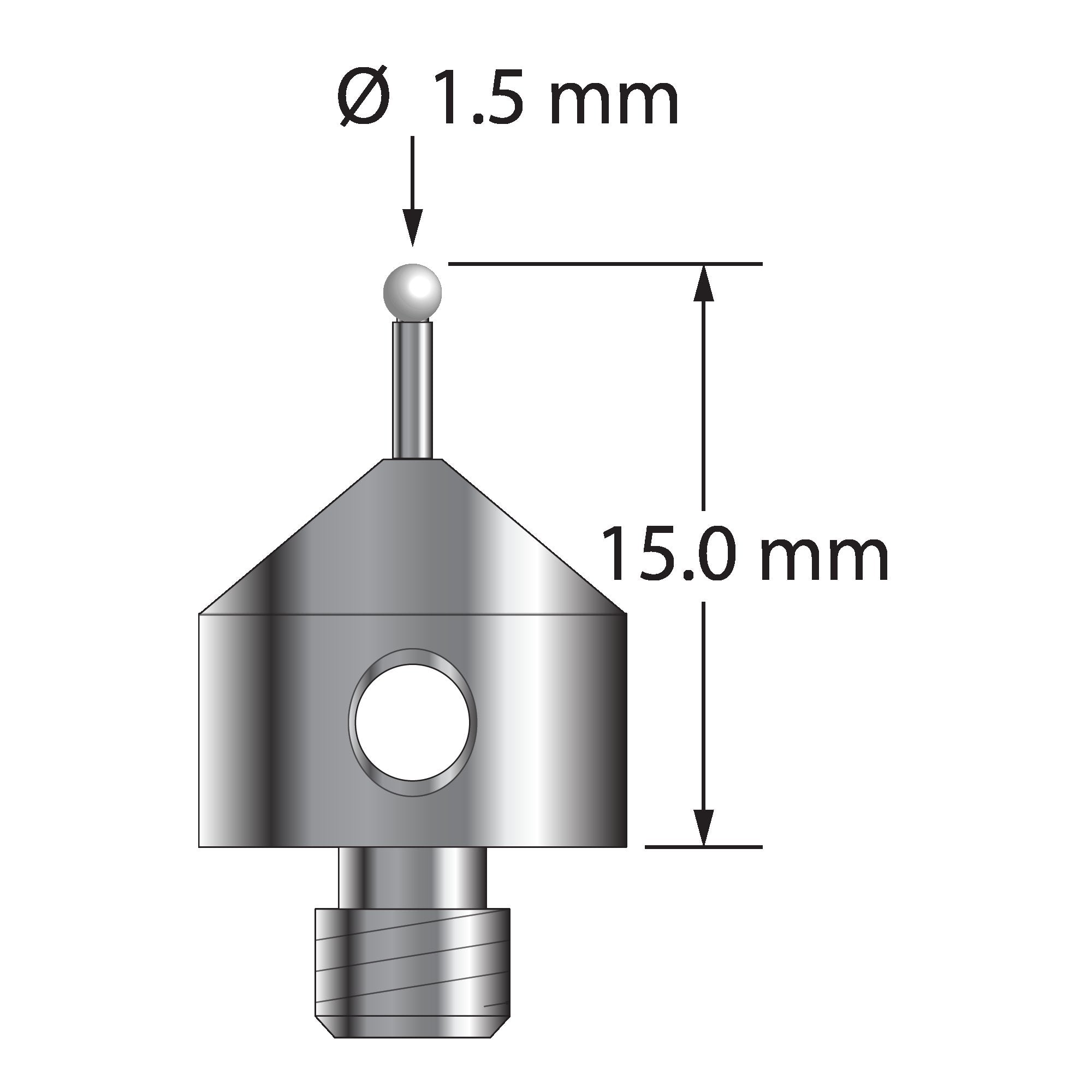 AFG-1515-Z M5 stylus with 1.5mm zirconia ball, carbide stem, and stainless steel base, 15mm long.