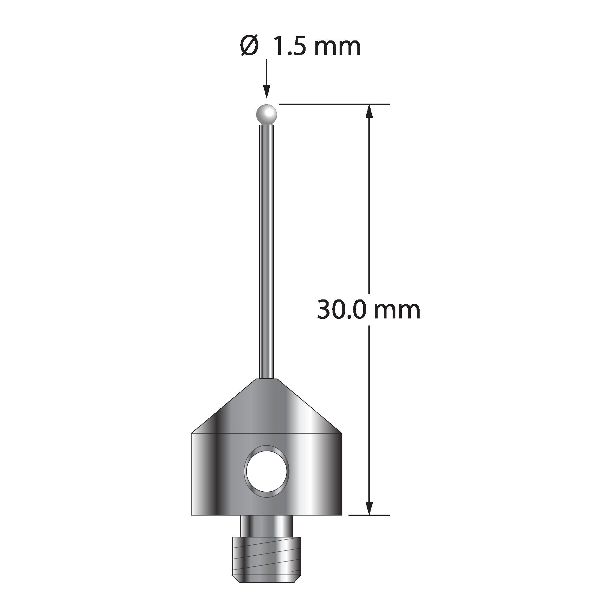 AFG-1530-DS1-Z M5 stylus with 1.5mm zirconia ball, carbide stem, and stainless steel base, 30mm long.