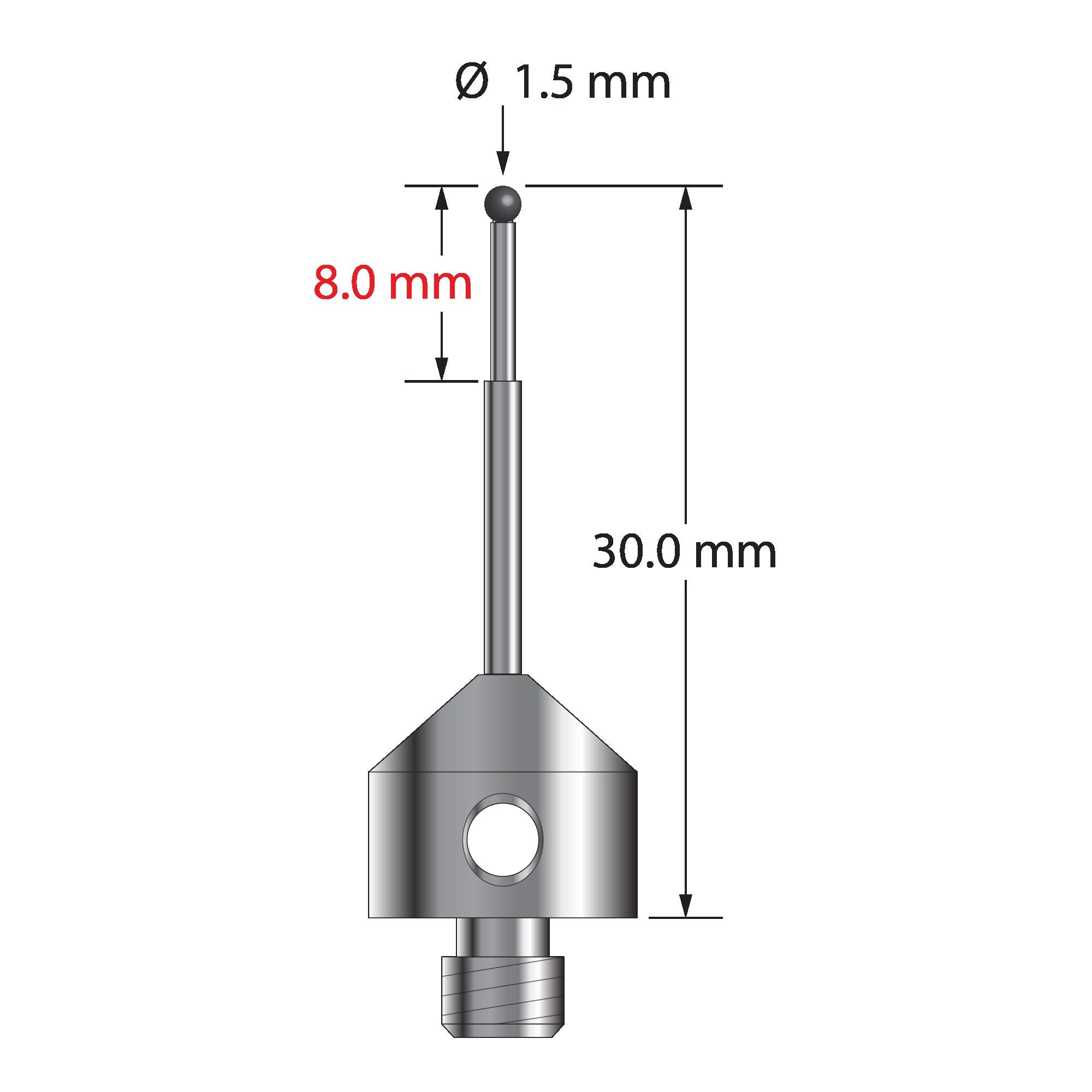 AFG-1530-L-SN M5 stylus with 1.5mm silicon nitride ball, stepped carbide stem, and aluminum base.