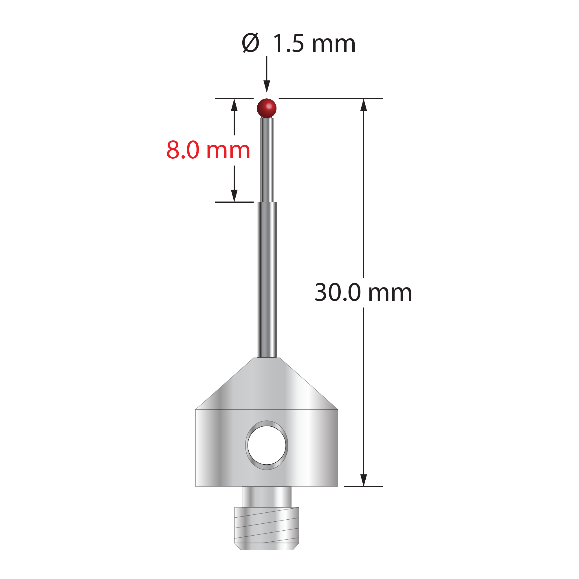 AFG-1530-L M5 stylus with 1.5mm ruby ball, stepped carbide stem, and aluminum base by Q-Mark Manufacturing, Inc.