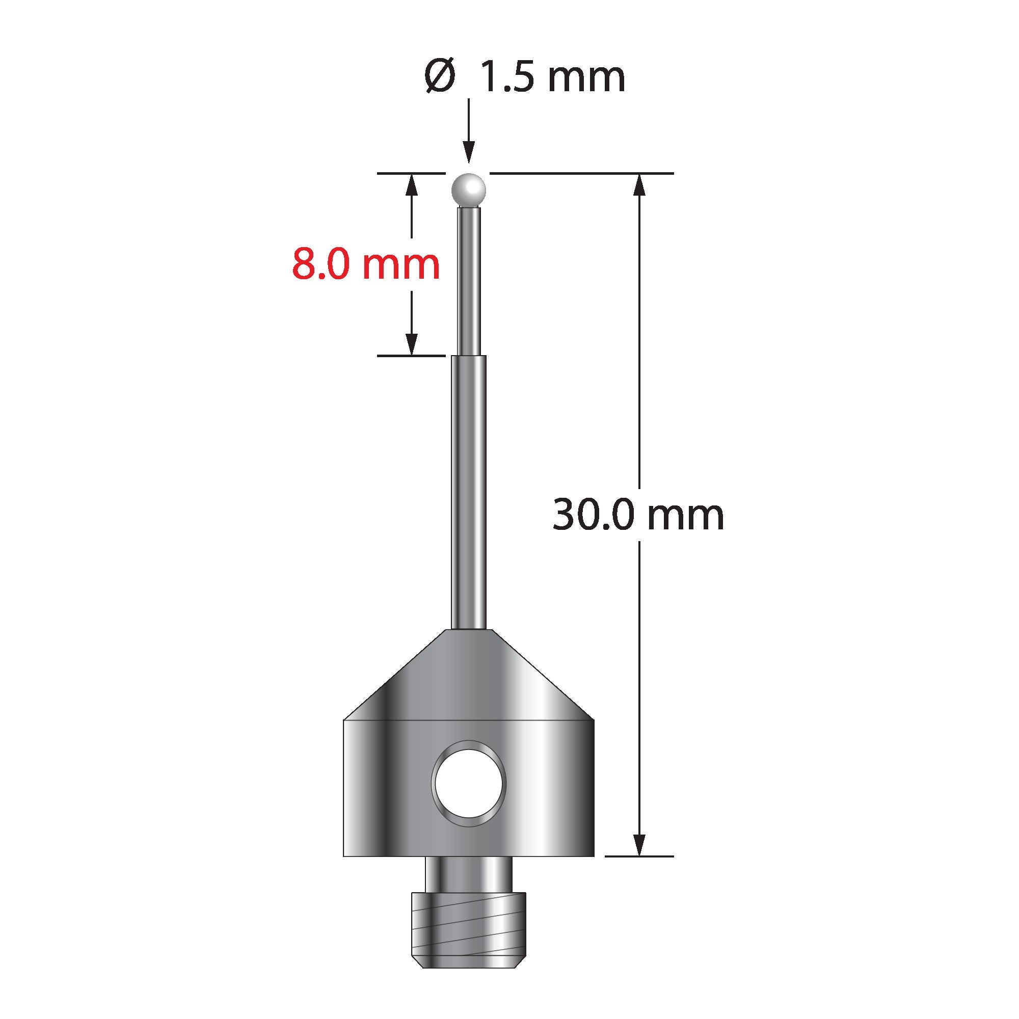 AFG-1530-Z M5 stylus with 1.5mm zirconia ball, carbide stem, and stainless steel base, 30mm long.