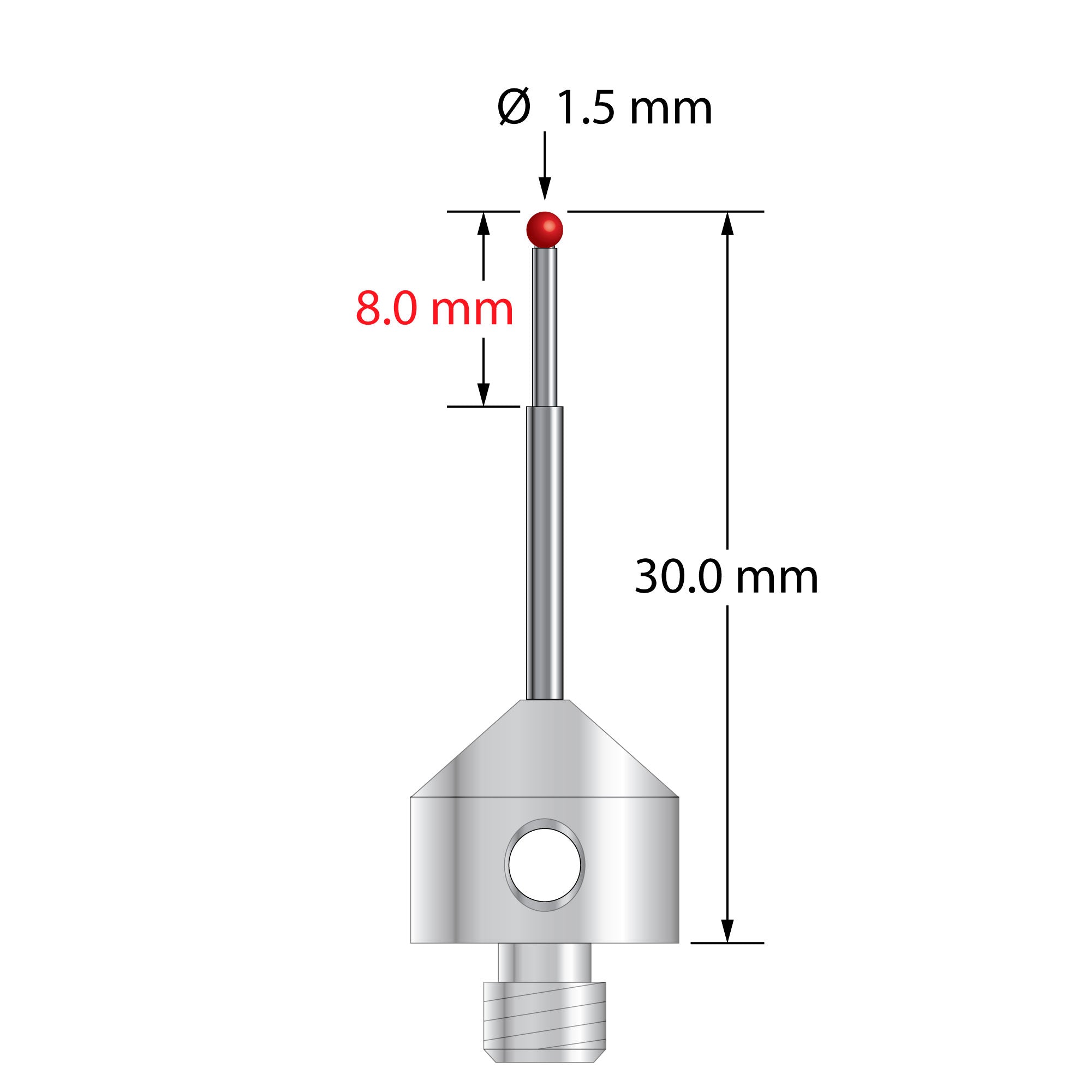 AFG-1530 M5 stylus with 1.5mm ruby ball, stepped carbide stem, and stainless steel base, 30mm long.