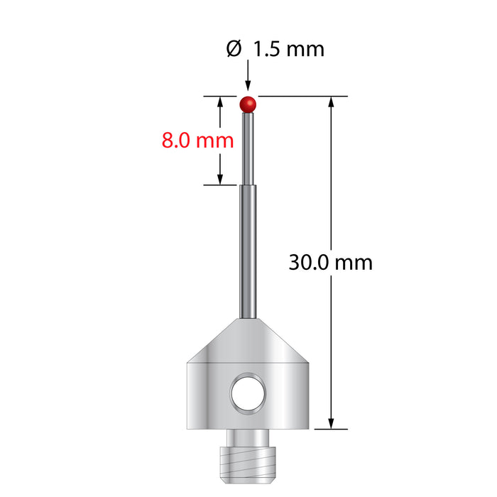 M5 stylus with 1.5 mm diameter ruby ball, stepped carbide stem, and 11.0 mm diameter x 10.0 mm long stainless steel base.  Minor stem diameter is 1.0 mm, major diameter is 1.5 mm.  Overall stylus length is 30.0 mm.  Stylus weight is 6.05 grams.