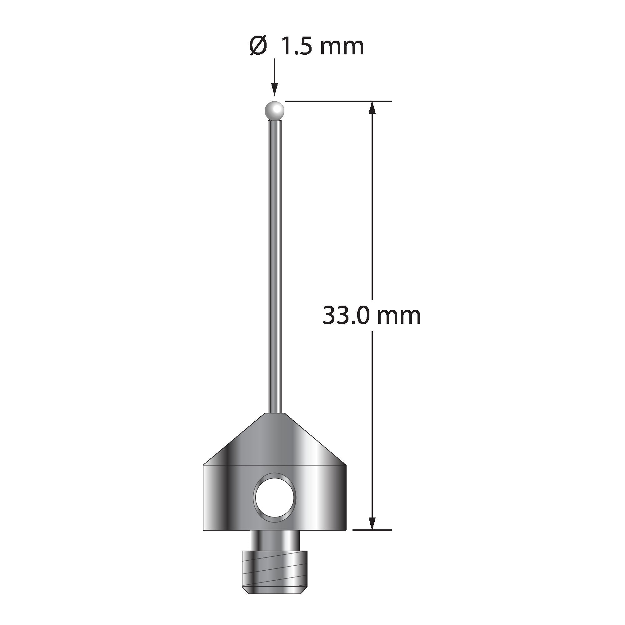 AFG-1533-DS1-Z M5 stylus with 1.5mm zirconia ball, carbide stem, and stainless steel base, 33mm long.