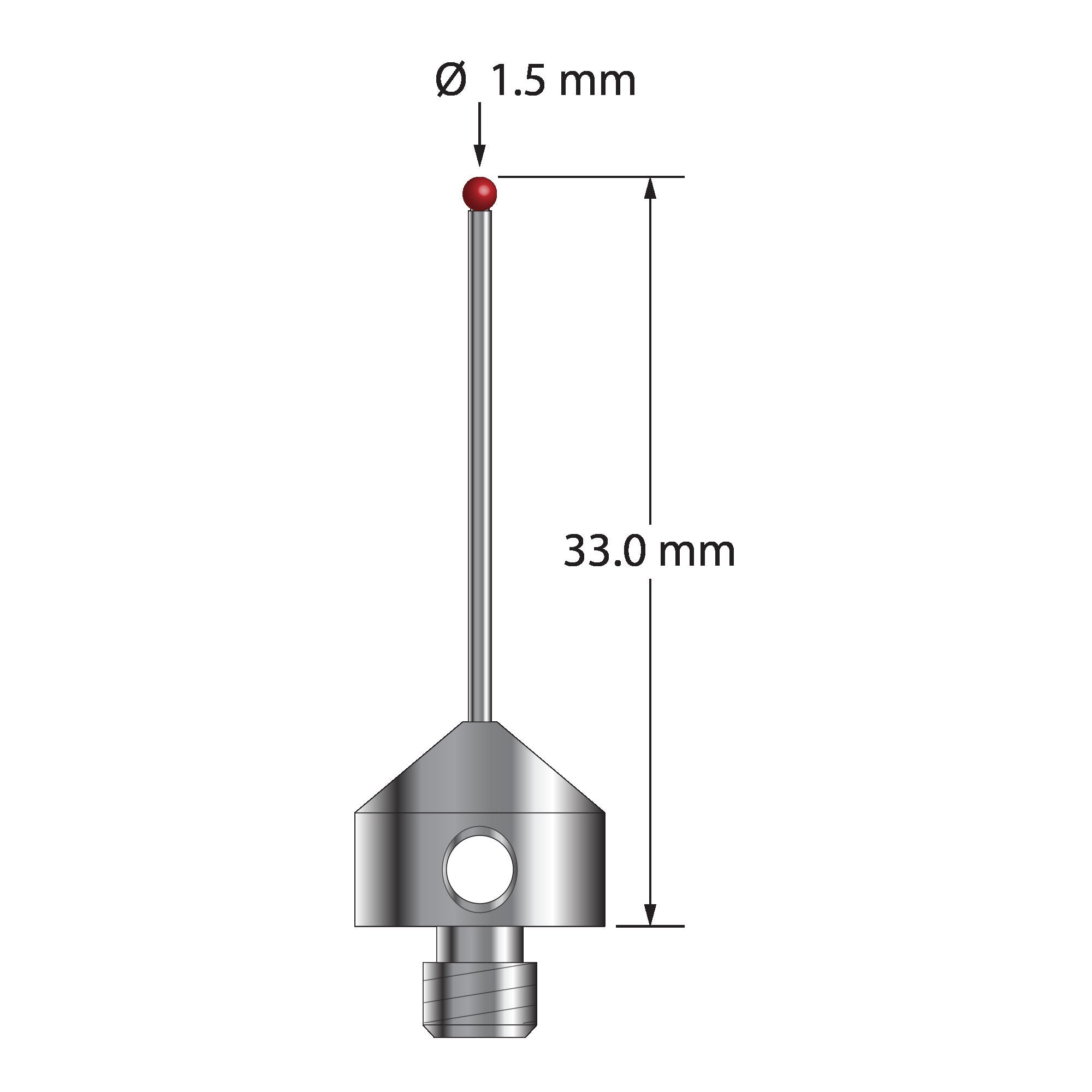 AFG-1533-DS1 M5 stylus with 1.5mm ruby ball, carbide stem, and stainless steel base, 33mm long.
