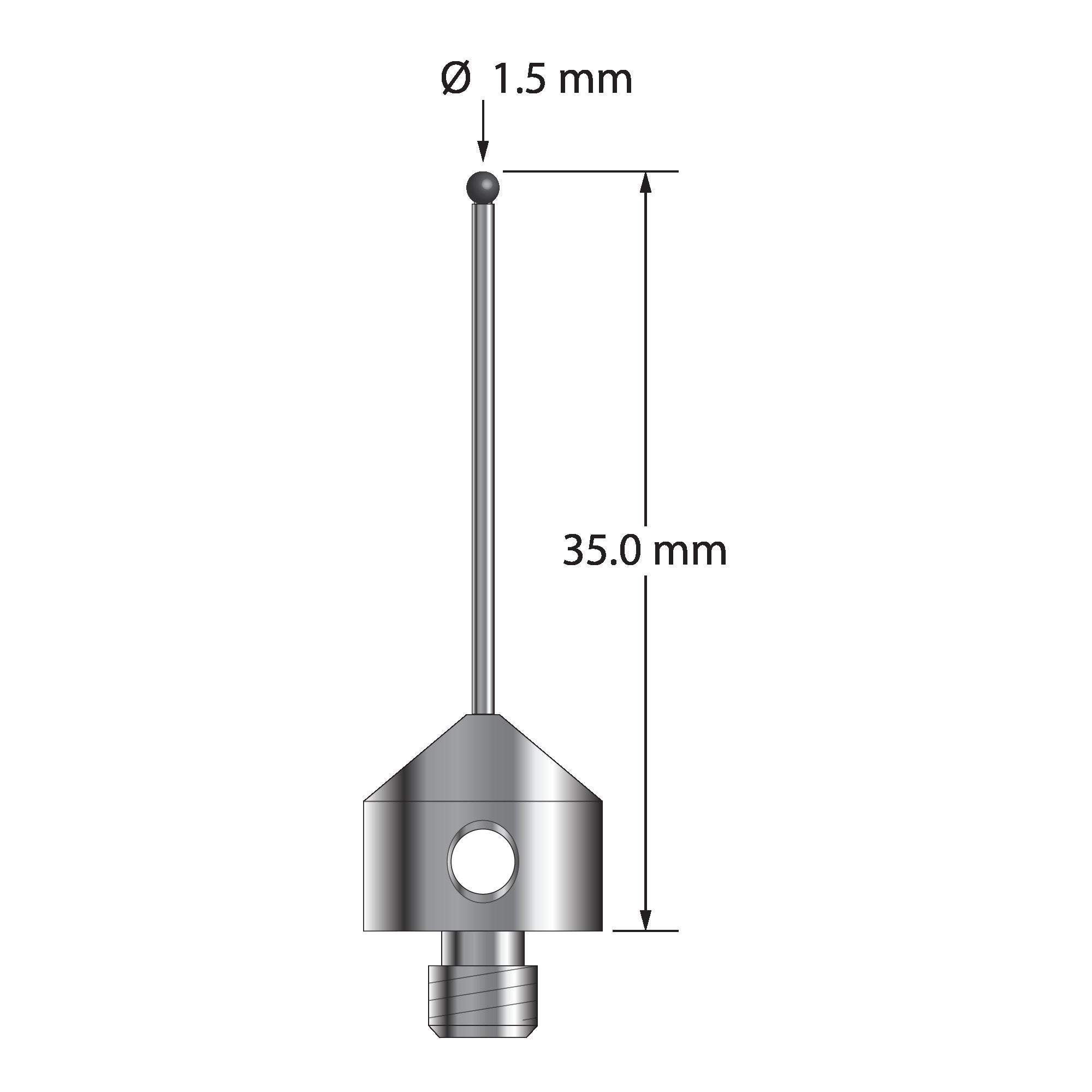 AFG-1535-DS1-SN M5 stylus with 1.5mm silicon nitride ball, carbide stem, and stainless steel base.