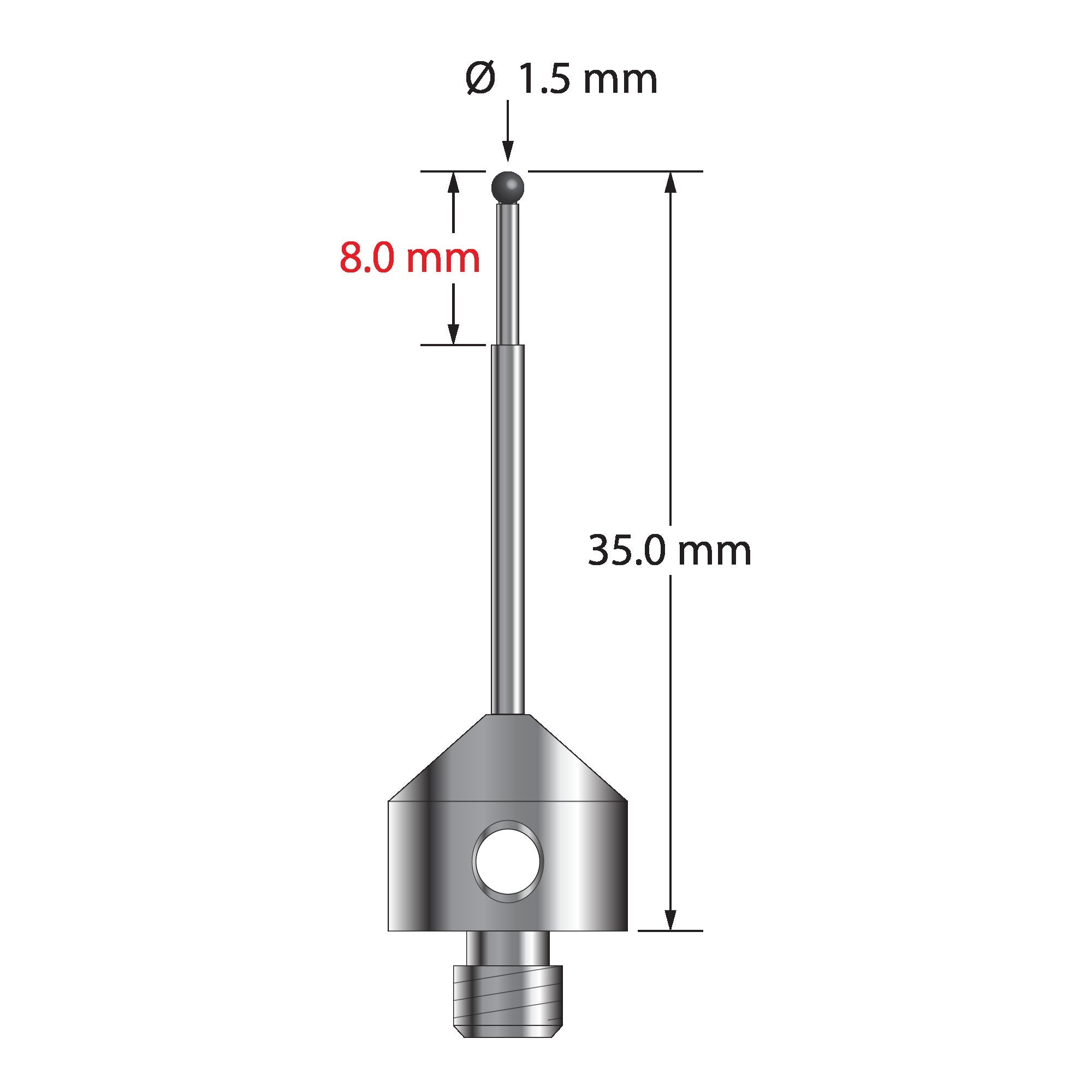 AFG-1535-SN M5 stylus with 1.5mm silicon nitride ball, carbide stem, and stainless steel base, 35mm long by Q-Mark Manufacturing, Inc.