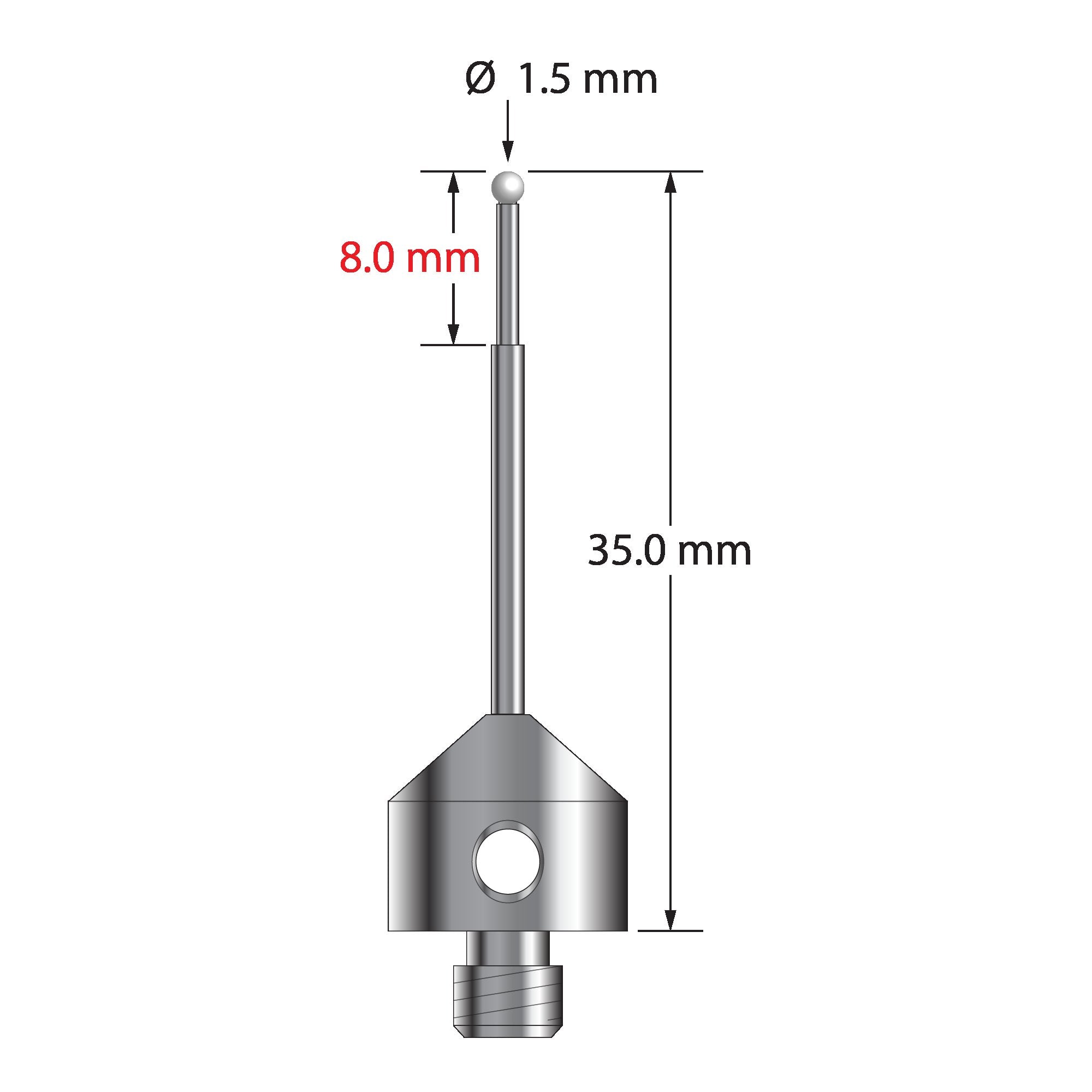AFG-1535-Z M5 stylus with 1.5mm zirconia ball, carbide stem, and stainless steel base, 35mm long.