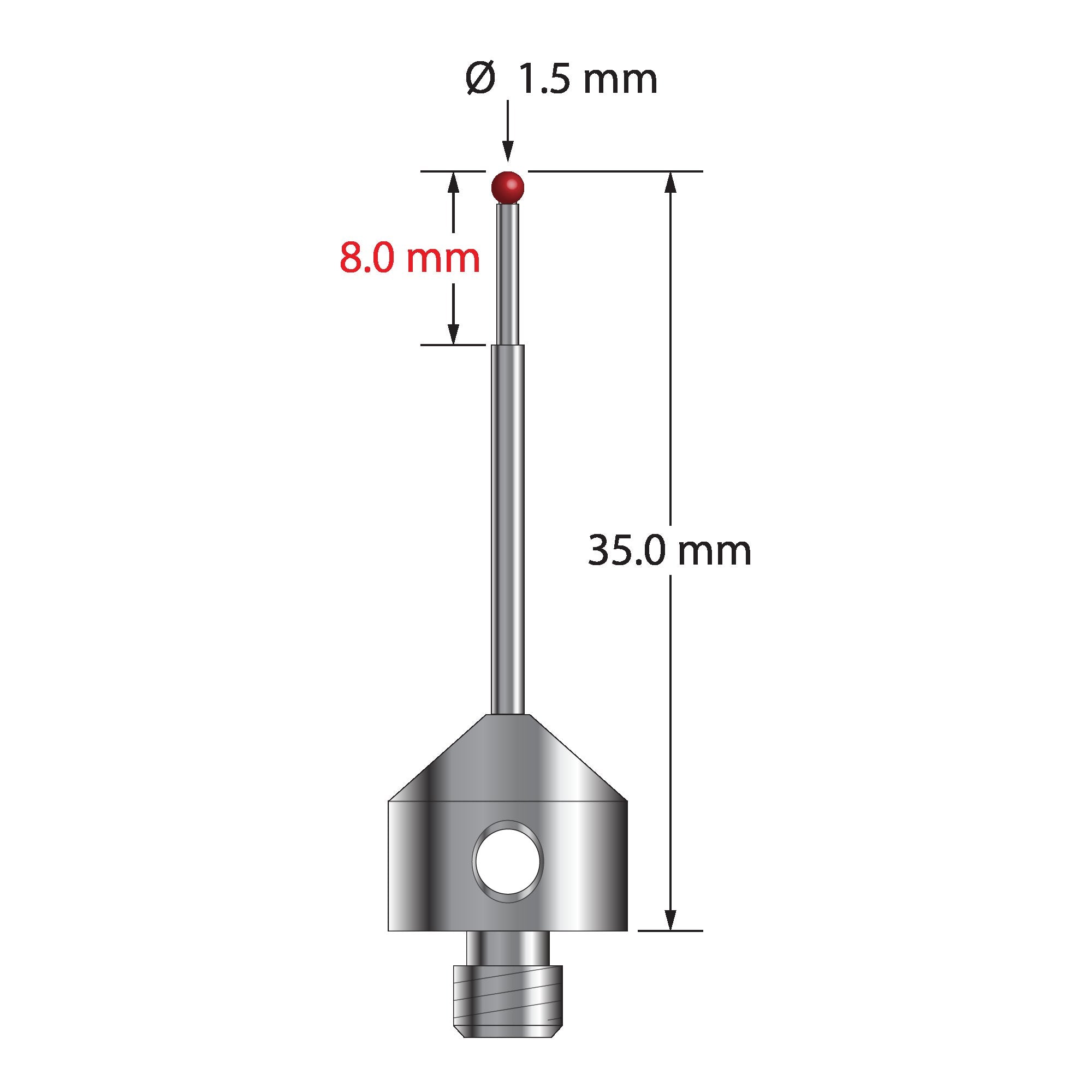 AFG-1535 M5 1.5mm ruby ball, stepped carbide stem, stainless steel base, 35mm long by Q-Mark Manufacturing, Inc.