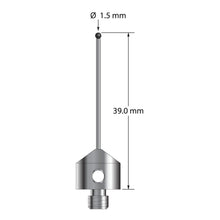 AFG-1539-DS1-SN M5 stylus with 1.5mm silicon nitride ball, carbide stem, and stainless steel base, 39mm long.
