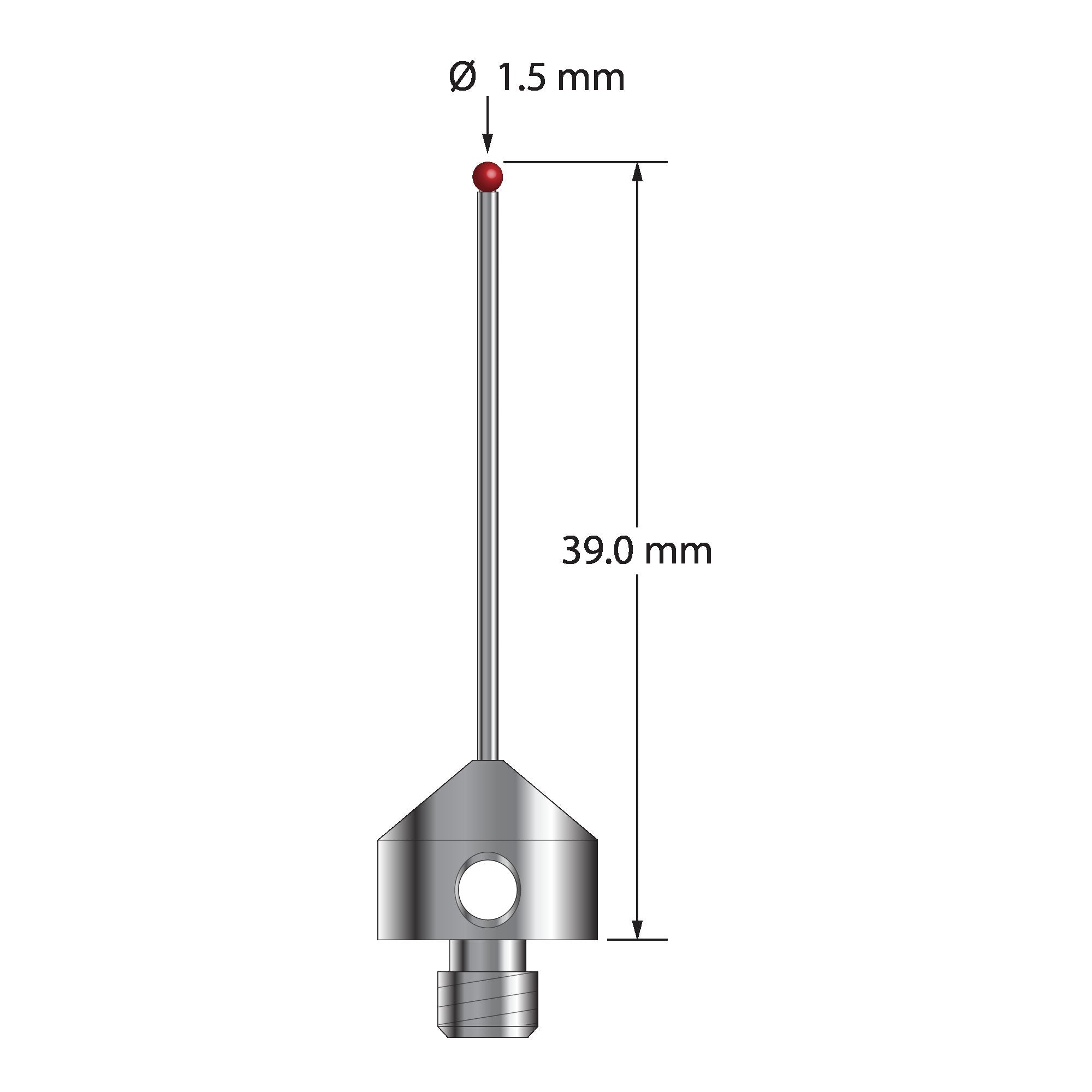 AFG-1539-DS1 M5 stylus with 1.5mm ruby ball, carbide stem, and stainless steel base, 39mm long.