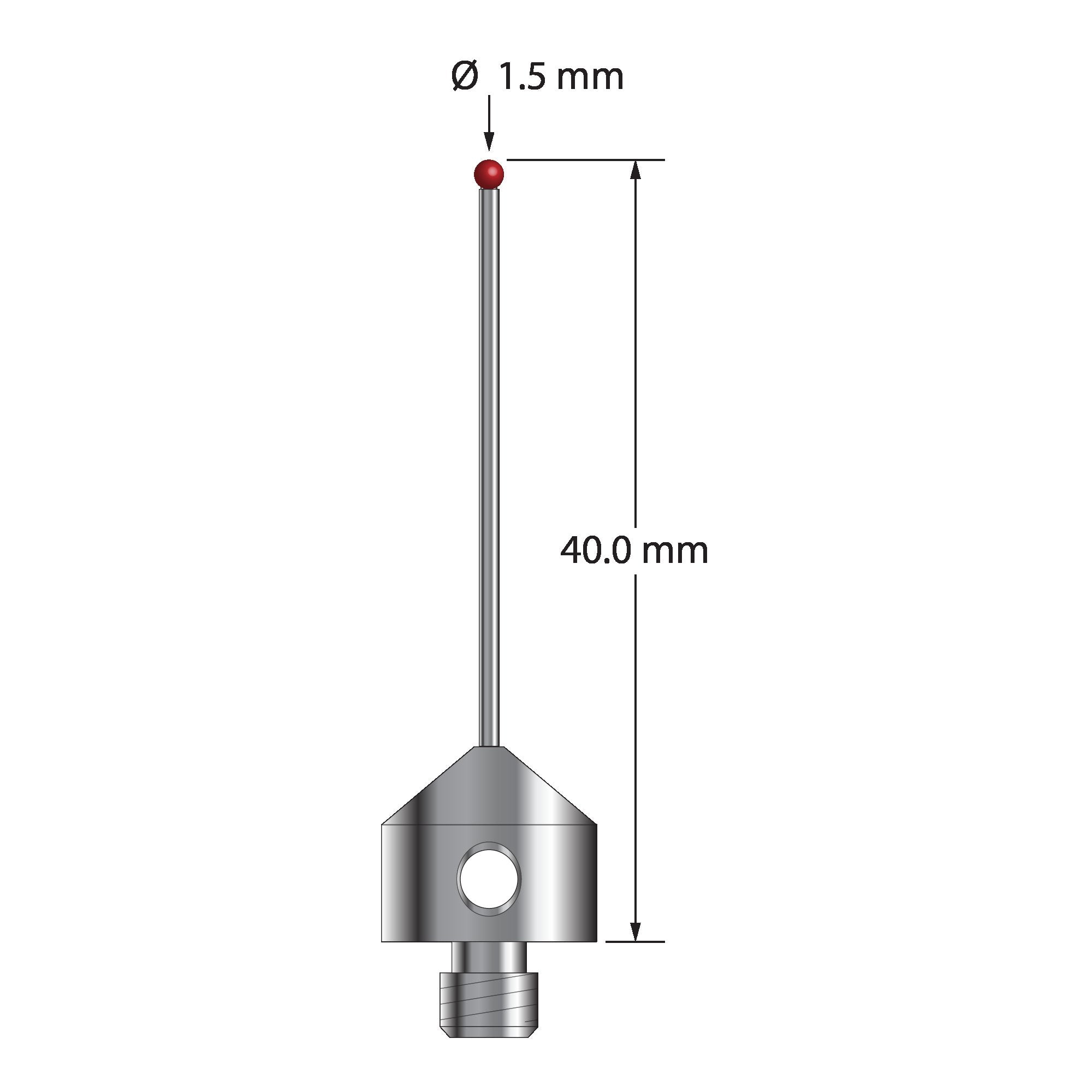 AFG-1540-DS1 M5 stylus with 1.5mm ruby ball, carbide stem, and stainless steel base, 40mm long.