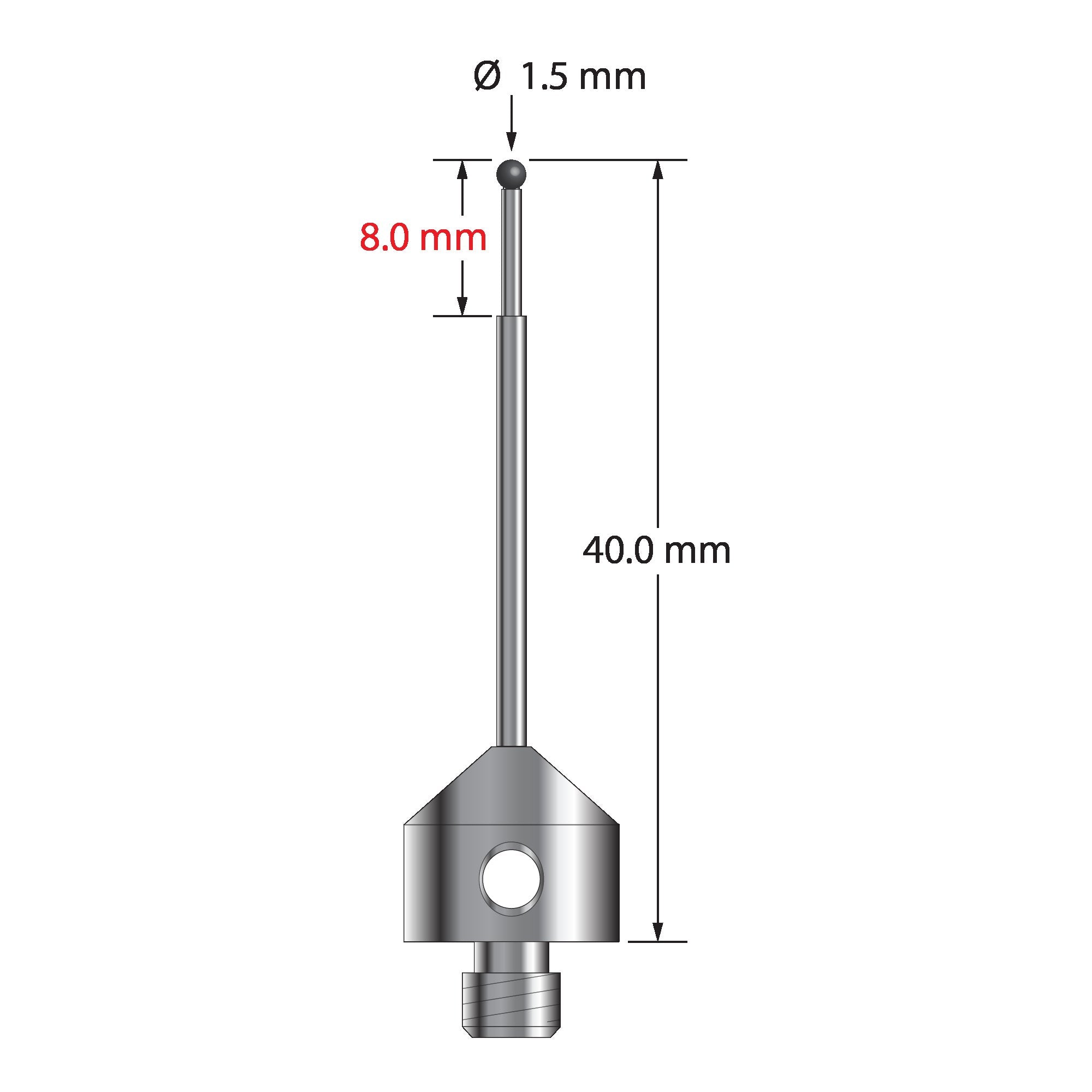AFG-1540-SN M5 1.5mm silicon nitride stylus with stepped carbide stem and stainless steel base, 40mm long.
