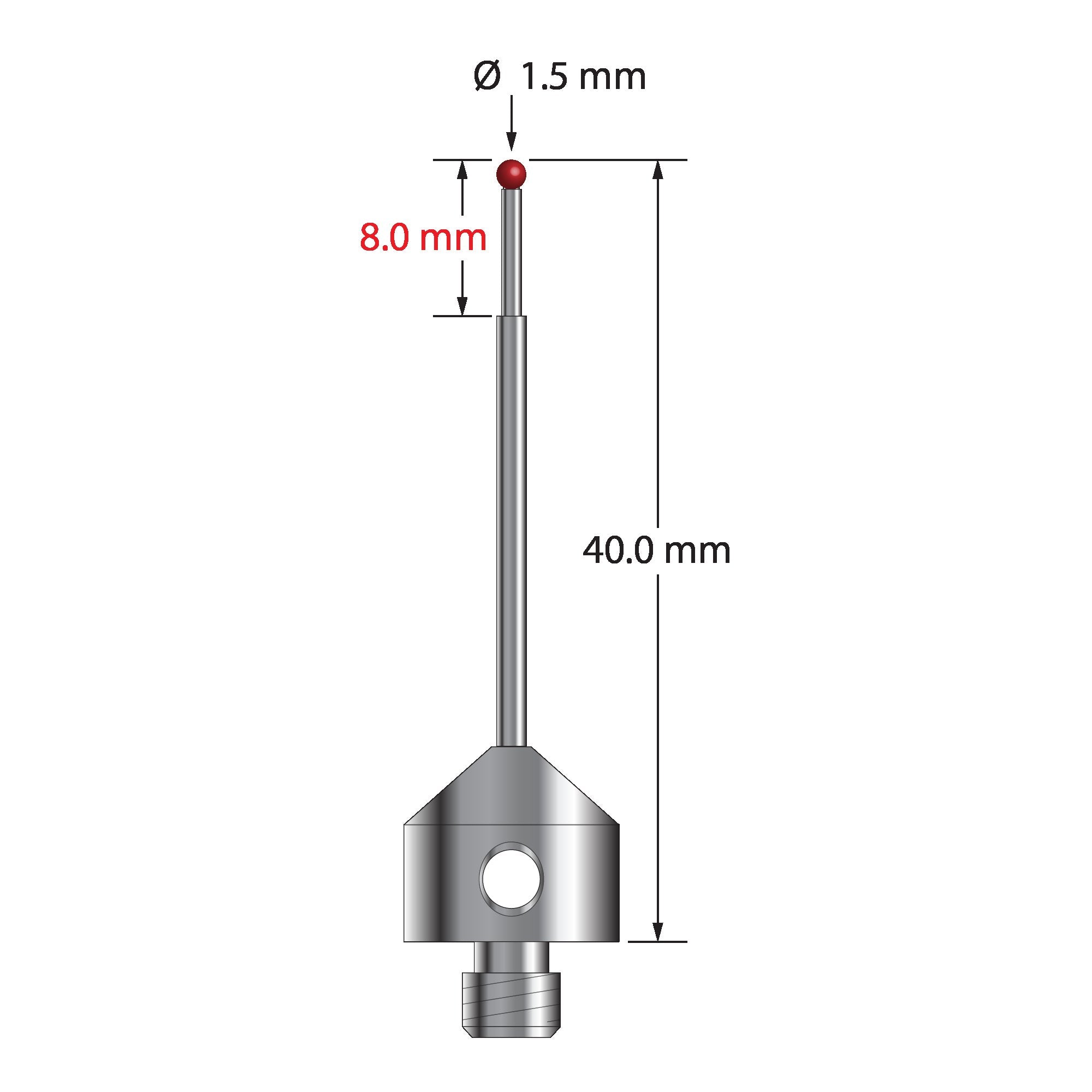 AFG-1540 M5 stylus with 1.5mm ruby ball, stepped carbide stem, and stainless steel base, 40mm long.