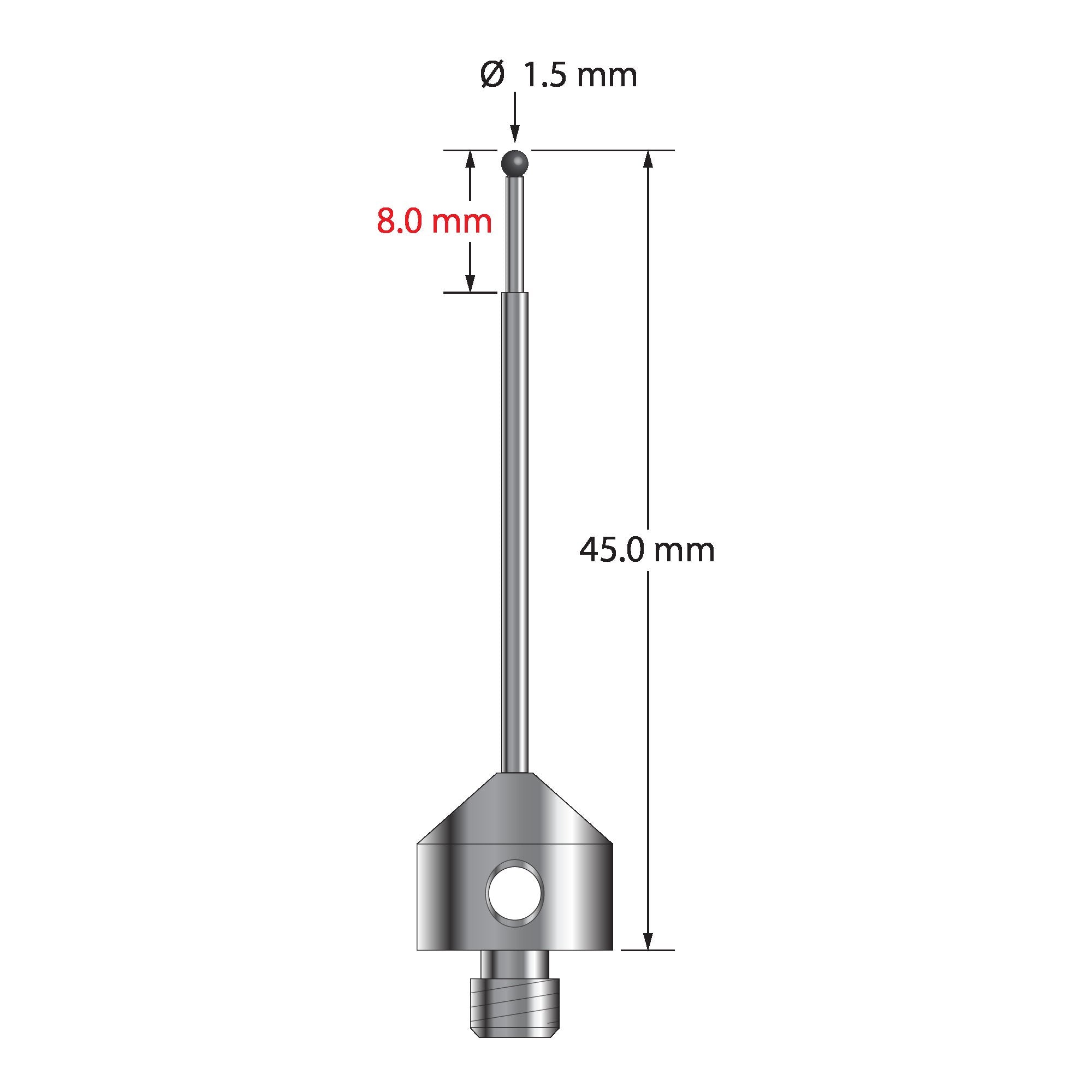 AFG-1545-SN M5 stylus with 1.5mm silicon nitride ball, stepped carbide stem, and stainless steel base.