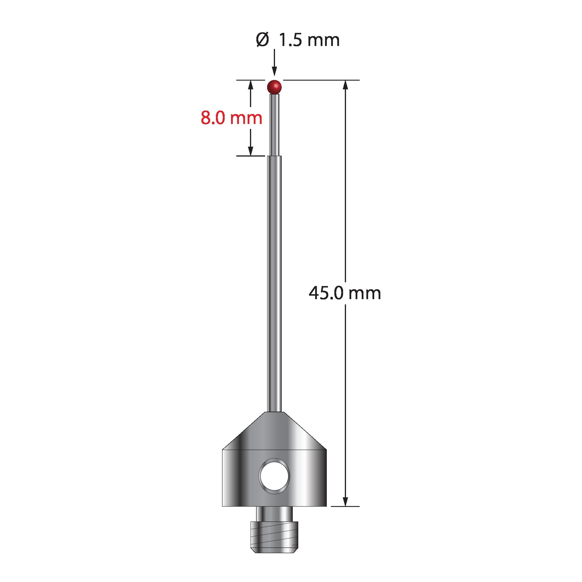 AFG-1545 M5 stylus with 1.5mm ruby ball, carbide stem, and stainless steel base, 45mm long.