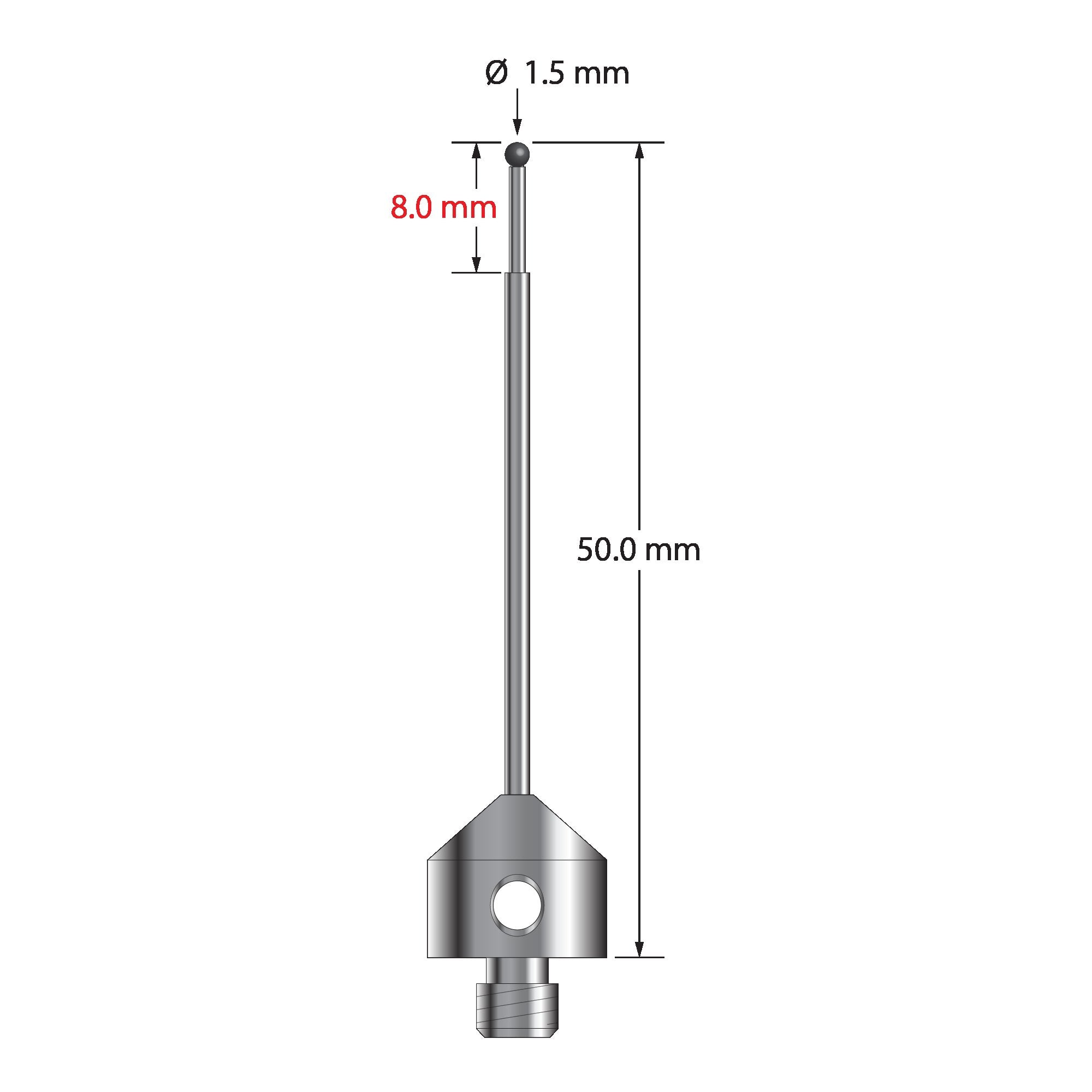 AFG-1550-SN M5 stylus with 1.5mm silicon nitride ball, stepped carbide stem, and stainless steel base.