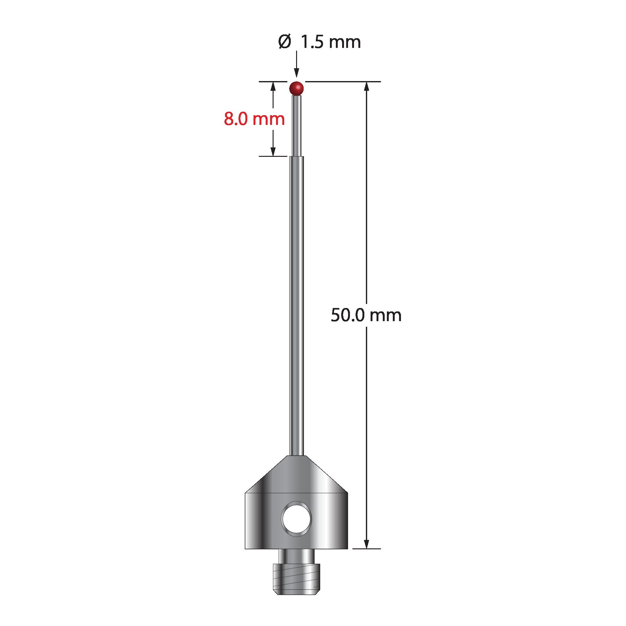 AFG-1550 M5 1.5mm ruby ball stylus with stepped carbide stem and stainless steel base, 50mm long.