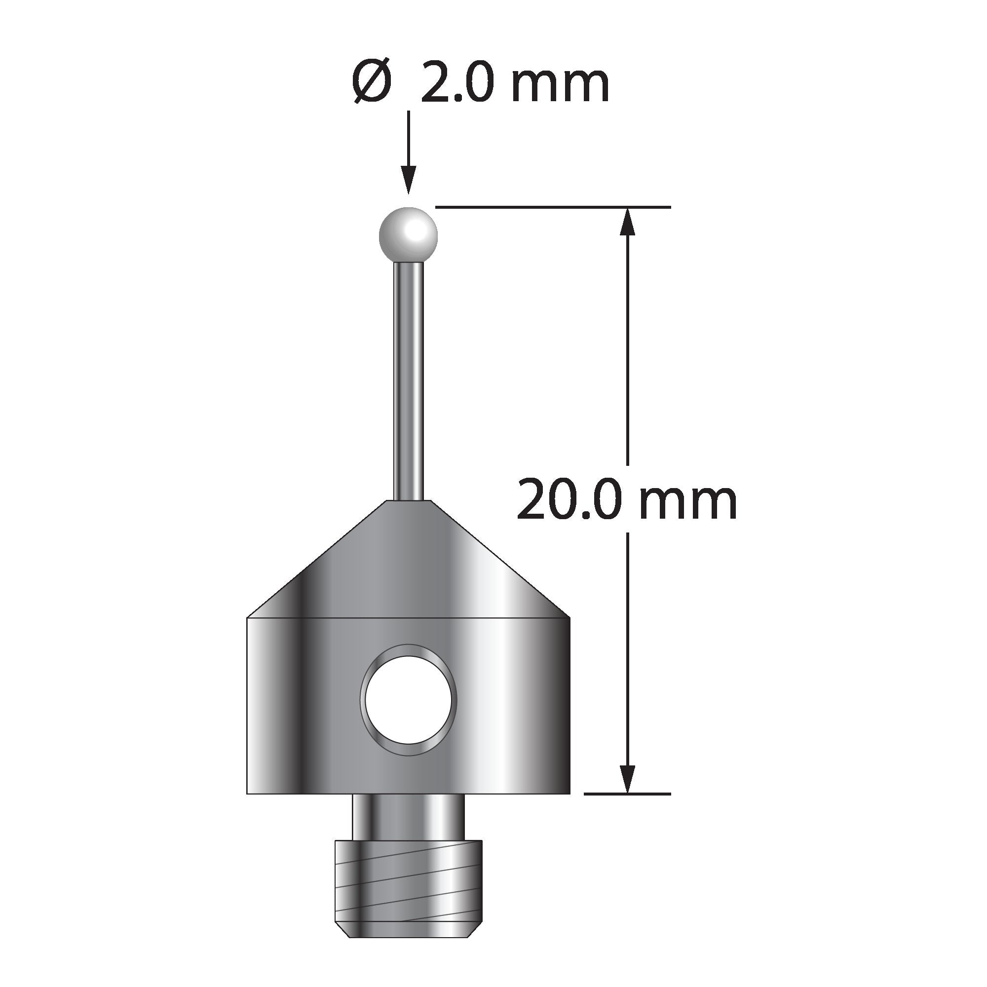 AFG-2020-L-Z M5 stylus with 2.0mm zirconia ball, carbide stem, and aluminum base, 20.0mm long.