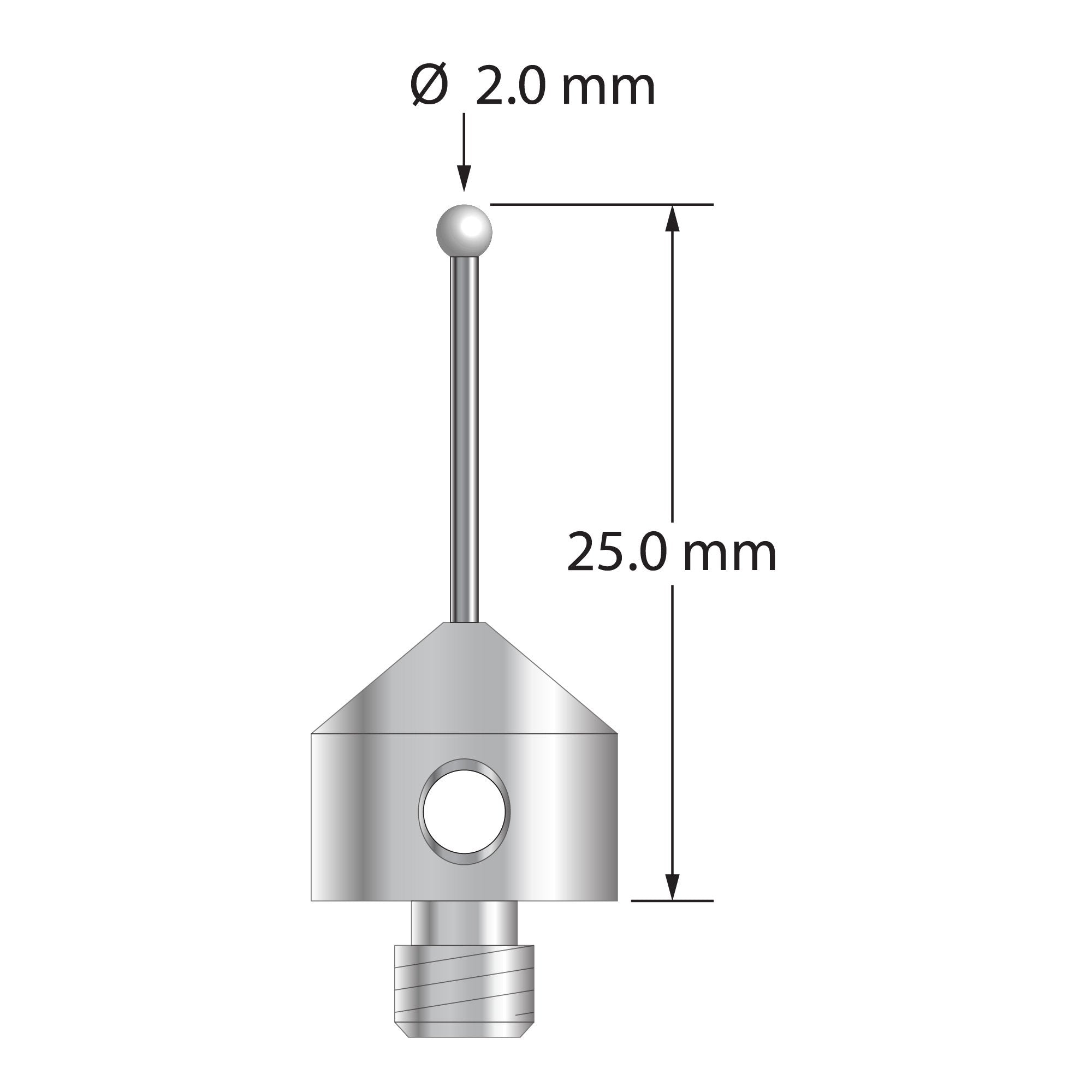 AFG-2025-L-Z M5 stylus with 2.0mm zirconia ball, carbide stem, and aluminum base, 25mm long.