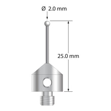 M5 stylus with 2.0 mm diameter zirconia ball, 1.0 mm diameter carbide stem, and 11.0 mm diameter x 10.0 mm long anodized aluminum base. Overall stylus length is 25.0 mm. Stylus weight is 2.12 grams.