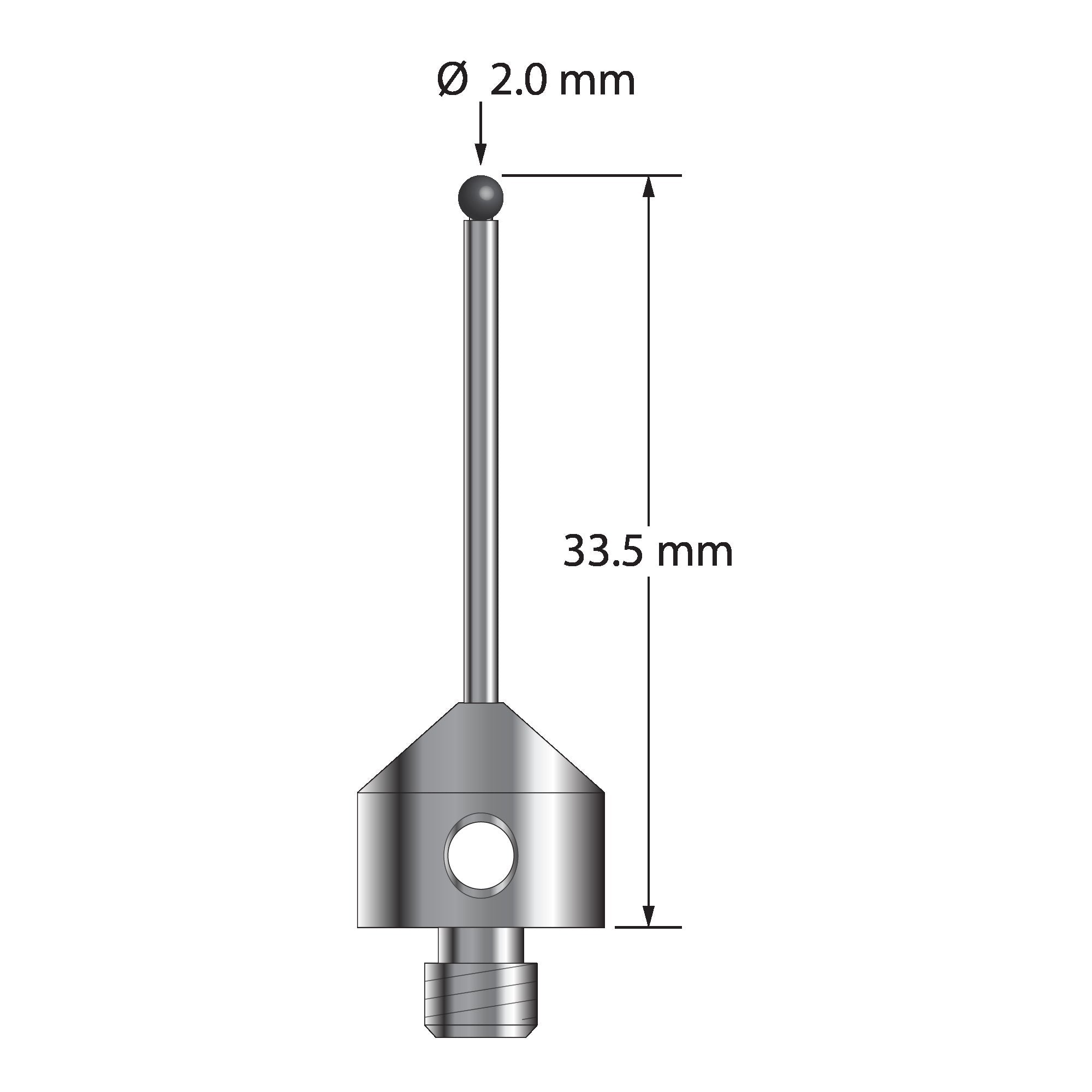 AFG-2033.5-SN M5 stylus with 2.0mm silicon nitride ball, carbide stem, and stainless steel base, 33.5mm long.