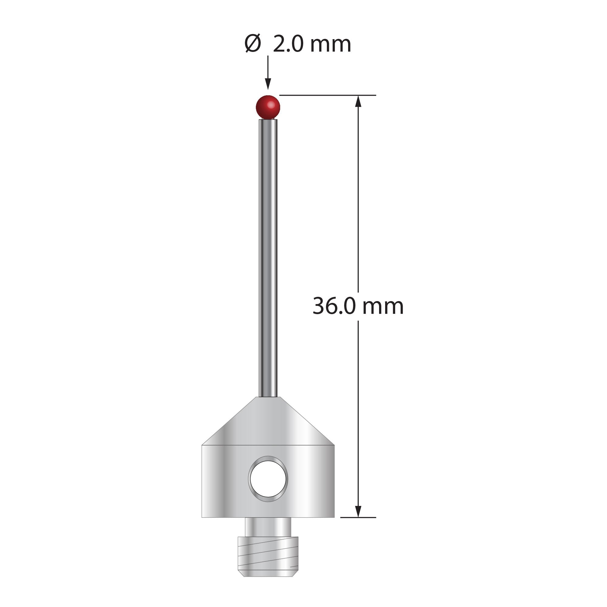 AFG-2036 M5 stylus with 2.0mm ruby ball, carbide stem, and stainless steel base, 35.0mm long by Q-Mark Manufacturing, Inc.