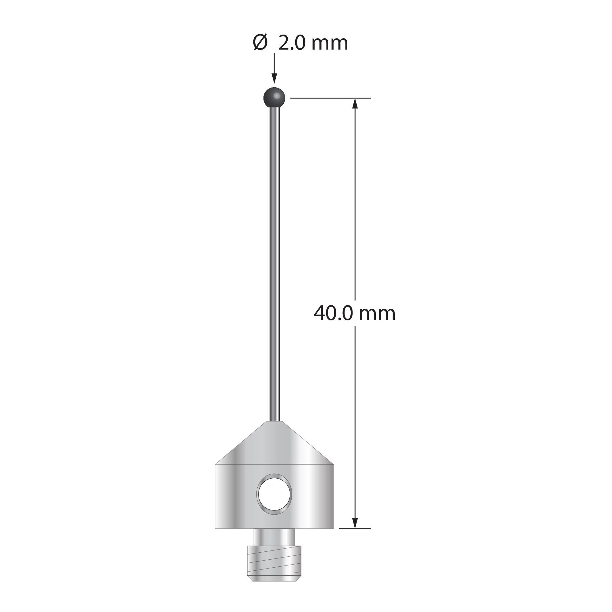 AFG-2041-DS1-SN M5 stylus with 2.0mm silicon nitride ball, carbide stem, and stainless steel base.