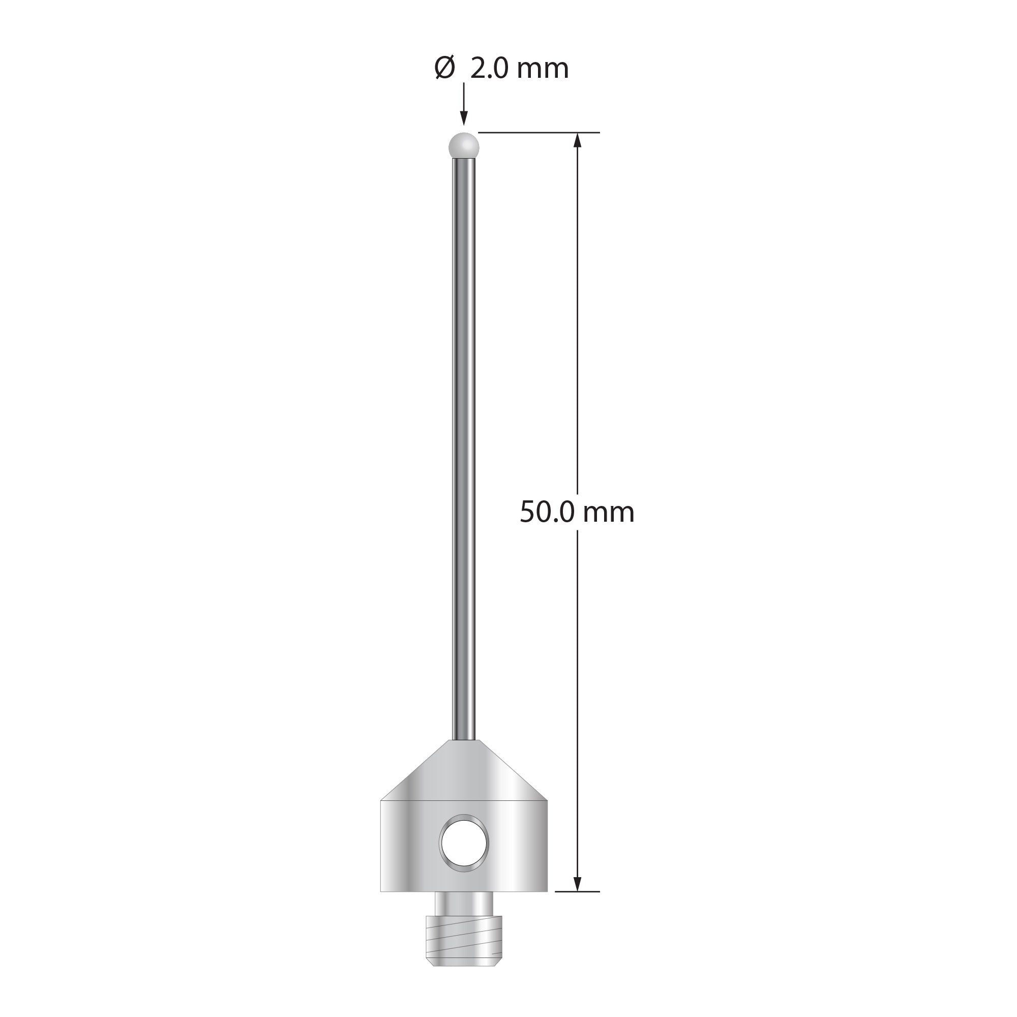 AFG-2050-D M5 stylus with 2.0mm solid diamond sphere, carbide stem, and stainless steel base, 50mm long by Q-Mark Manufacturing, Inc.