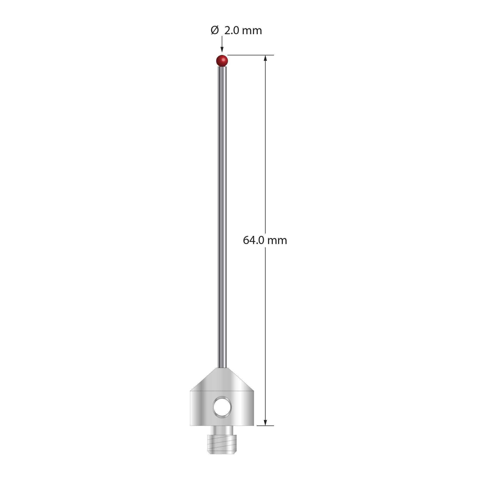 AFG-2064 M5 stylus with 2.0mm ruby ball, carbide stem, and stainless steel base, 64mm long.