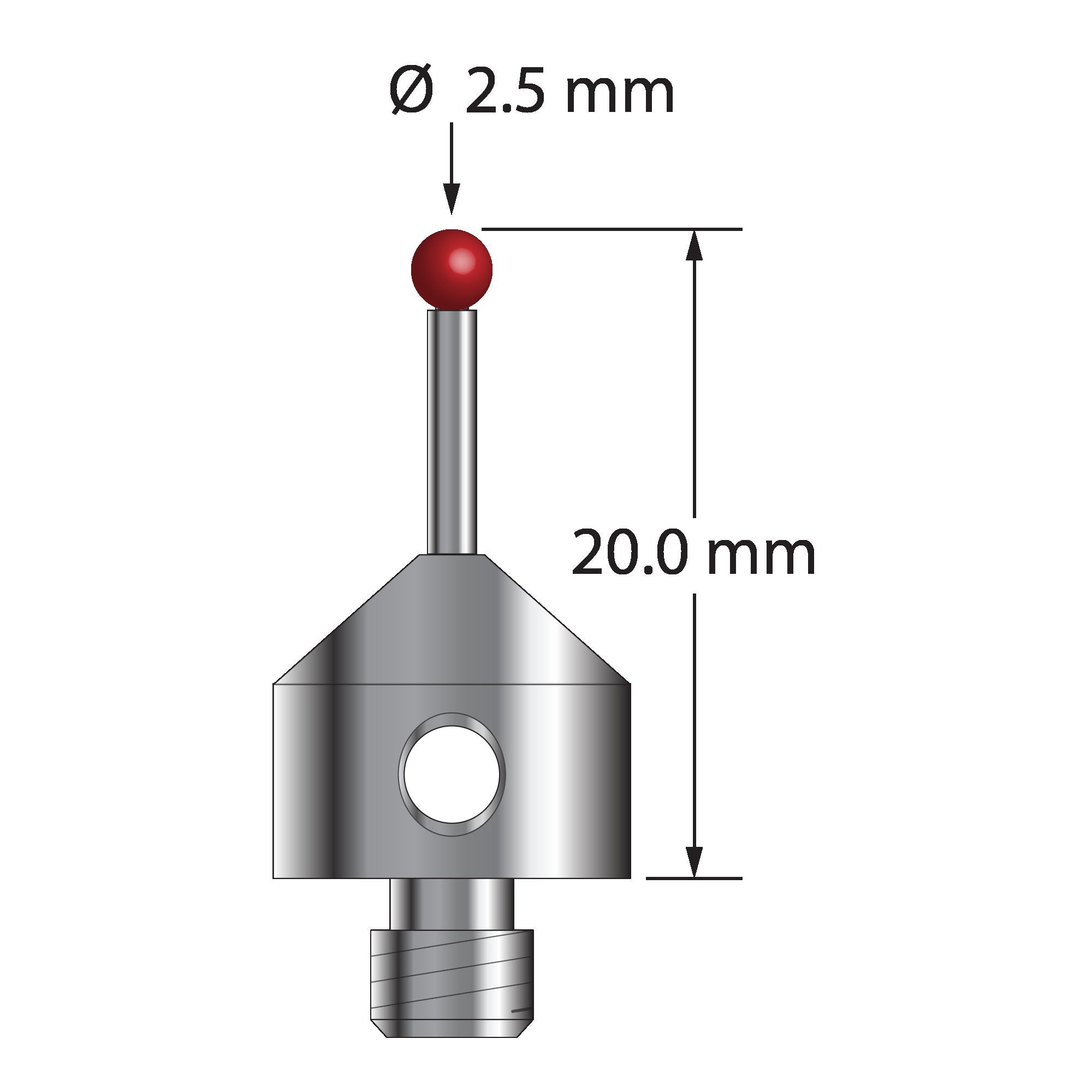 AFG-2520 M5 stylus with 2.5mm ruby ball, carbide stem, and stainless steel base, 20mm long.