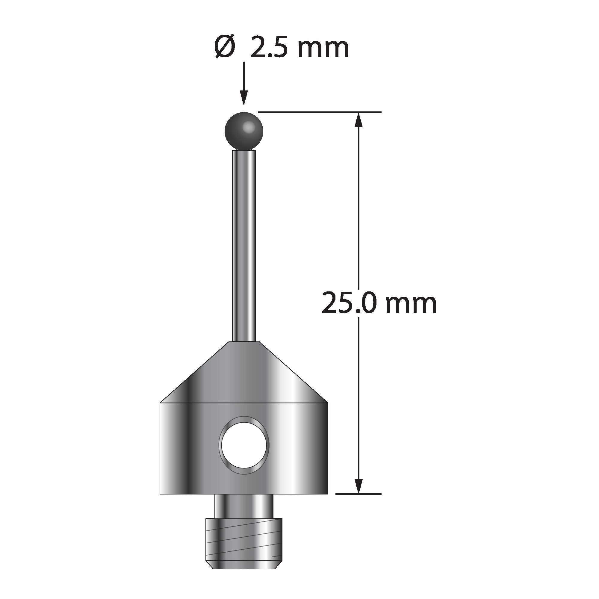 AFG-2525-L-SN M5 stylus with 2.5mm silicon nitride ball, carbide stem, and aluminum base, 25mm long.