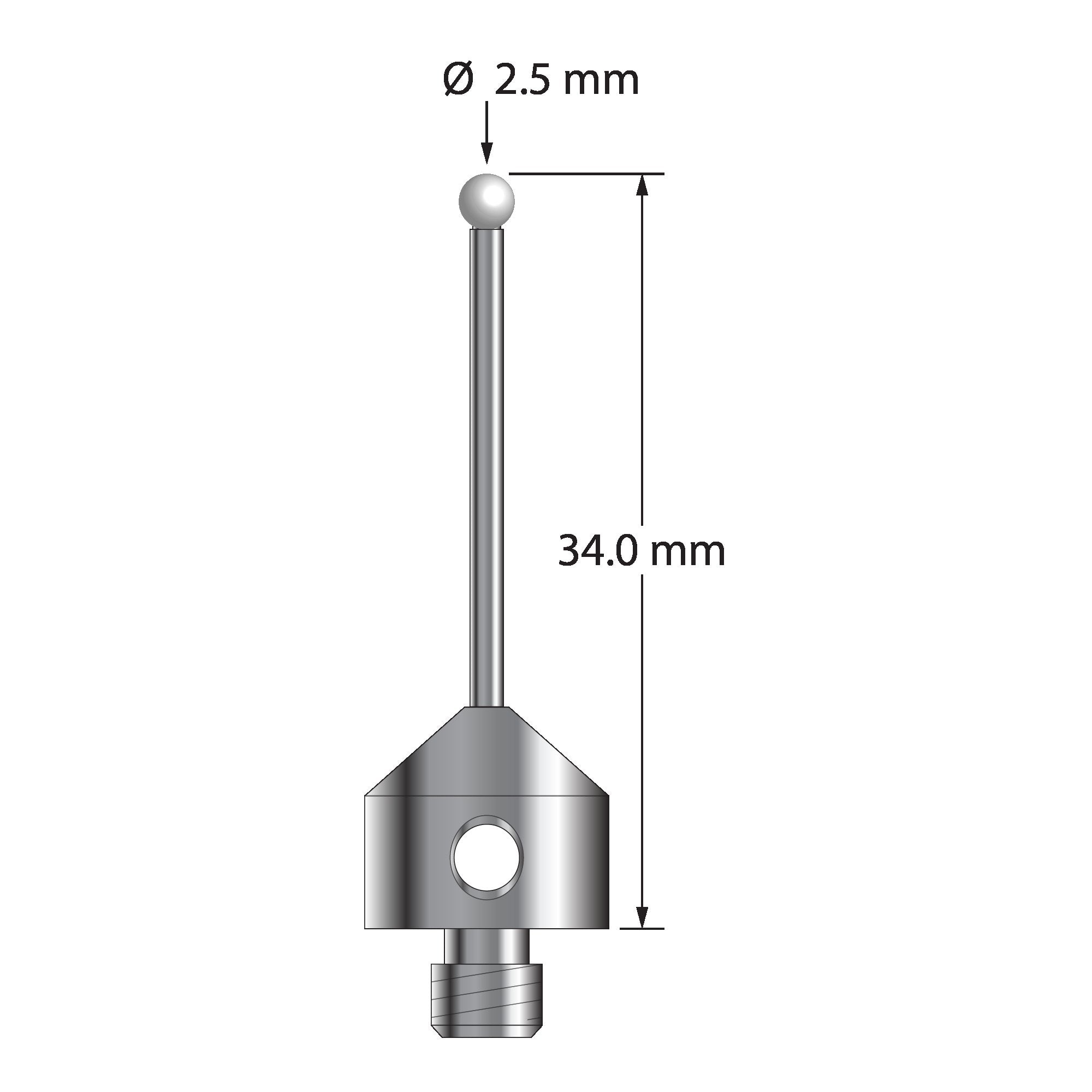AFG-2534-Z M5 stylus with 2.5mm zirconia ball, carbide stem, and stainless steel base, 34mm long.