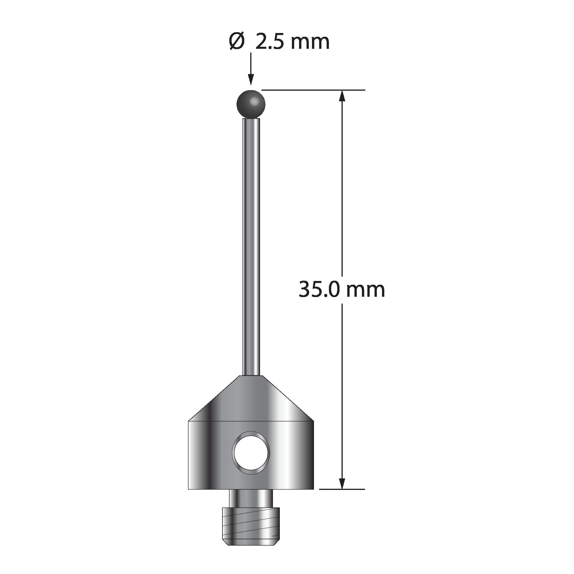 AFG-2535-L-SN M5 stylus with 2.5mm silicon nitride ball, carbide stem, and aluminum base, 35mm long.