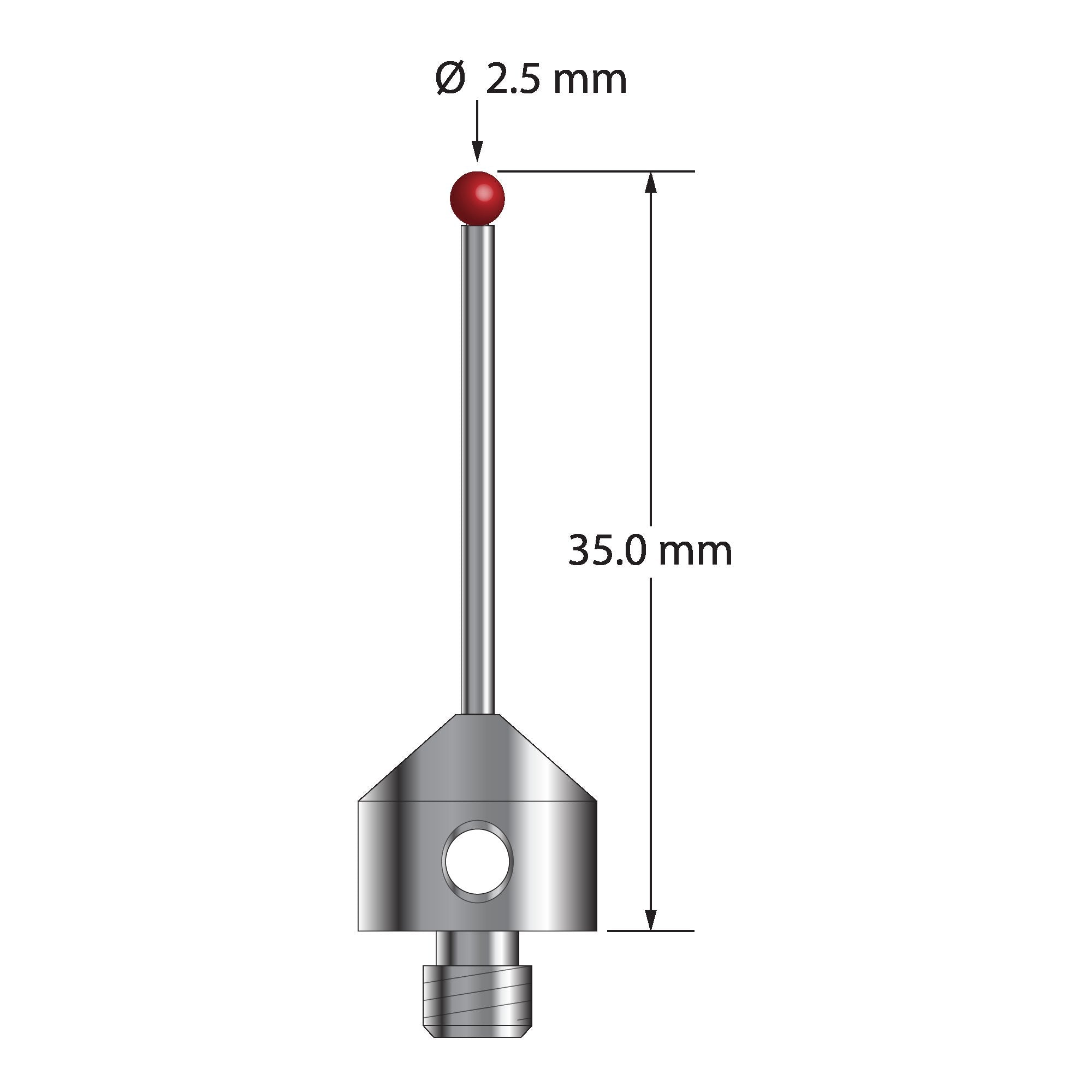 AFG-2535-L M5 stylus with 2.5mm ruby ball, carbide stem, and anodized aluminum base, 35mm long.