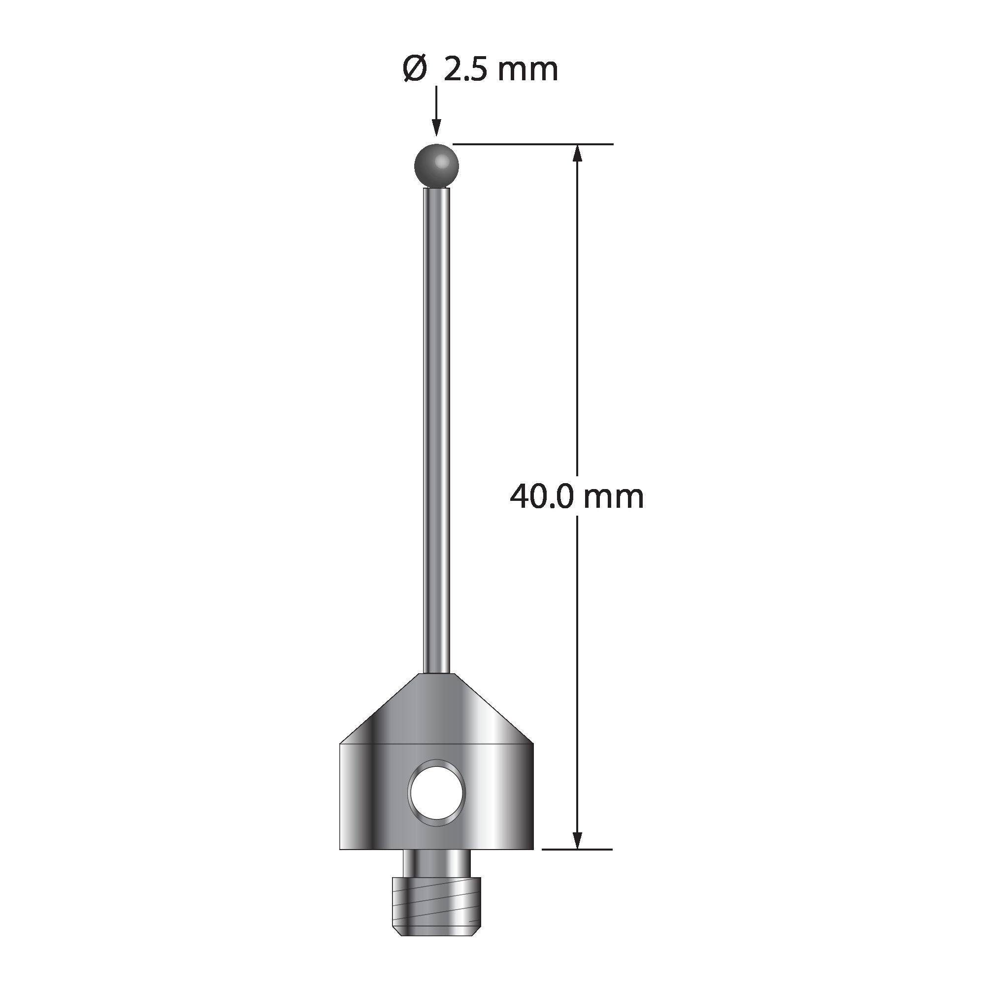 AFG-2540-L-SN M5 stylus with 2.5mm silicon nitride ball, carbide stem, and aluminum base, 40mm long.