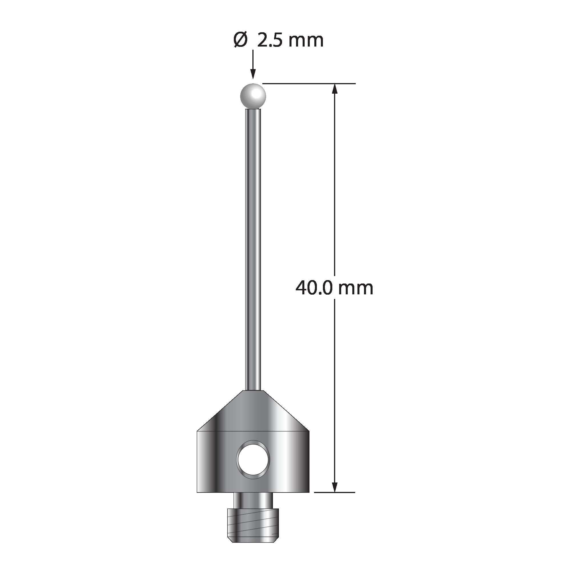AFG-2540-L-Z M5 stylus with 2.5mm zirconia ball, carbide stem, and aluminum base, 40mm long.
