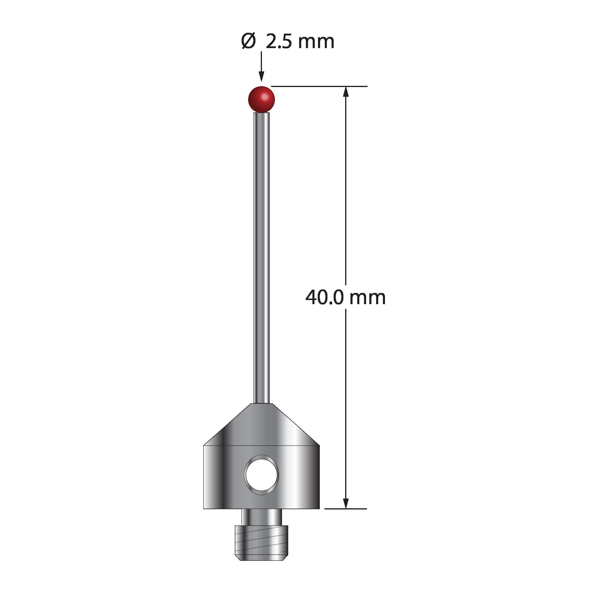 AFG-2540-L M5 stylus with 2.5mm ruby ball, carbide stem, and aluminum base. Overall length 40mm.