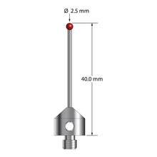 M5 stylus with 2.5 mm diameter ruby ball, 1.5 mm diameter carbide stem, and 11.0 mm diameter x 10.0 mm long anodized aluminum base. Overall stylus length is 40.0 mm. Stylus weight is 2.88 grams.