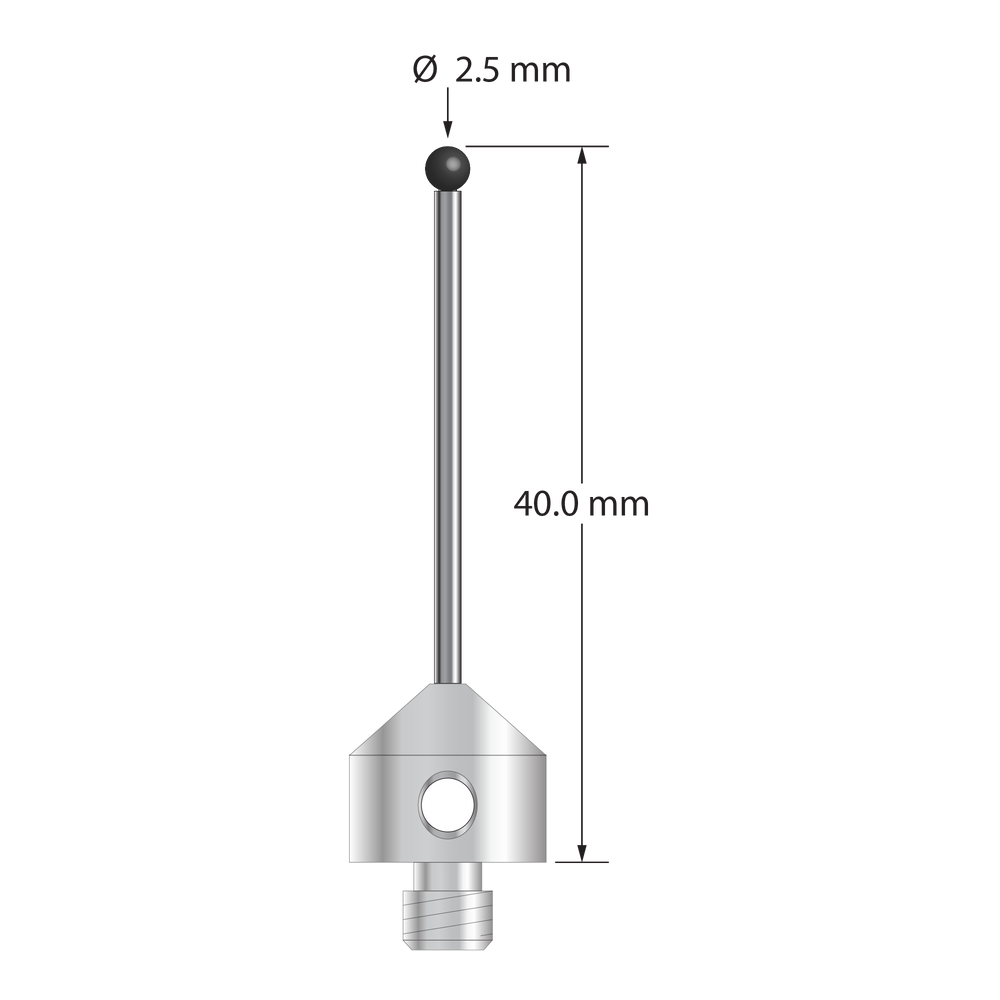 M5 stylus with 2.5 mm diameter ruby ball, 1.5 mm diameter carbide stem, and 11.0 mm diameter x 10.0 mm long stainless steel base.  Overall stylus length is 40.0 mm.  Stylus weight is 6.45 grams.  Compare to Zeiss 000000-1776-952.