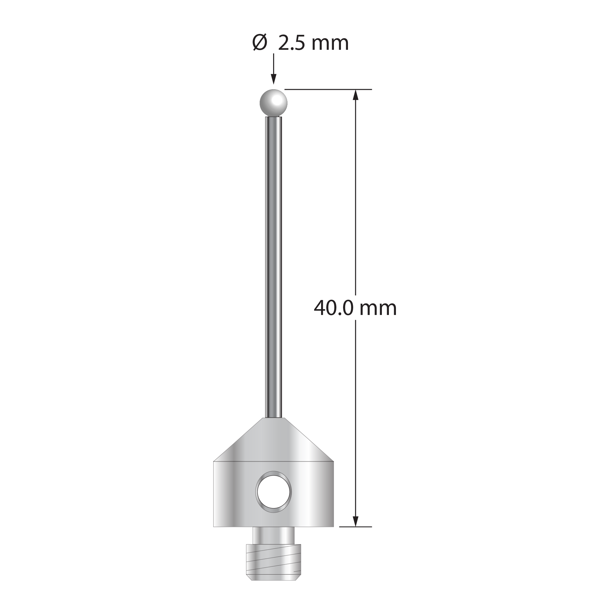 M5 stylus with 2.5 mm diameter zirconia ball, 1.5 mm diameter carbide stem, and 11.0 mm diameter x 10.0 mm long stainless steel base.  Overall stylus length is 40.0 mm.  Stylus weight is 6.45 grams.