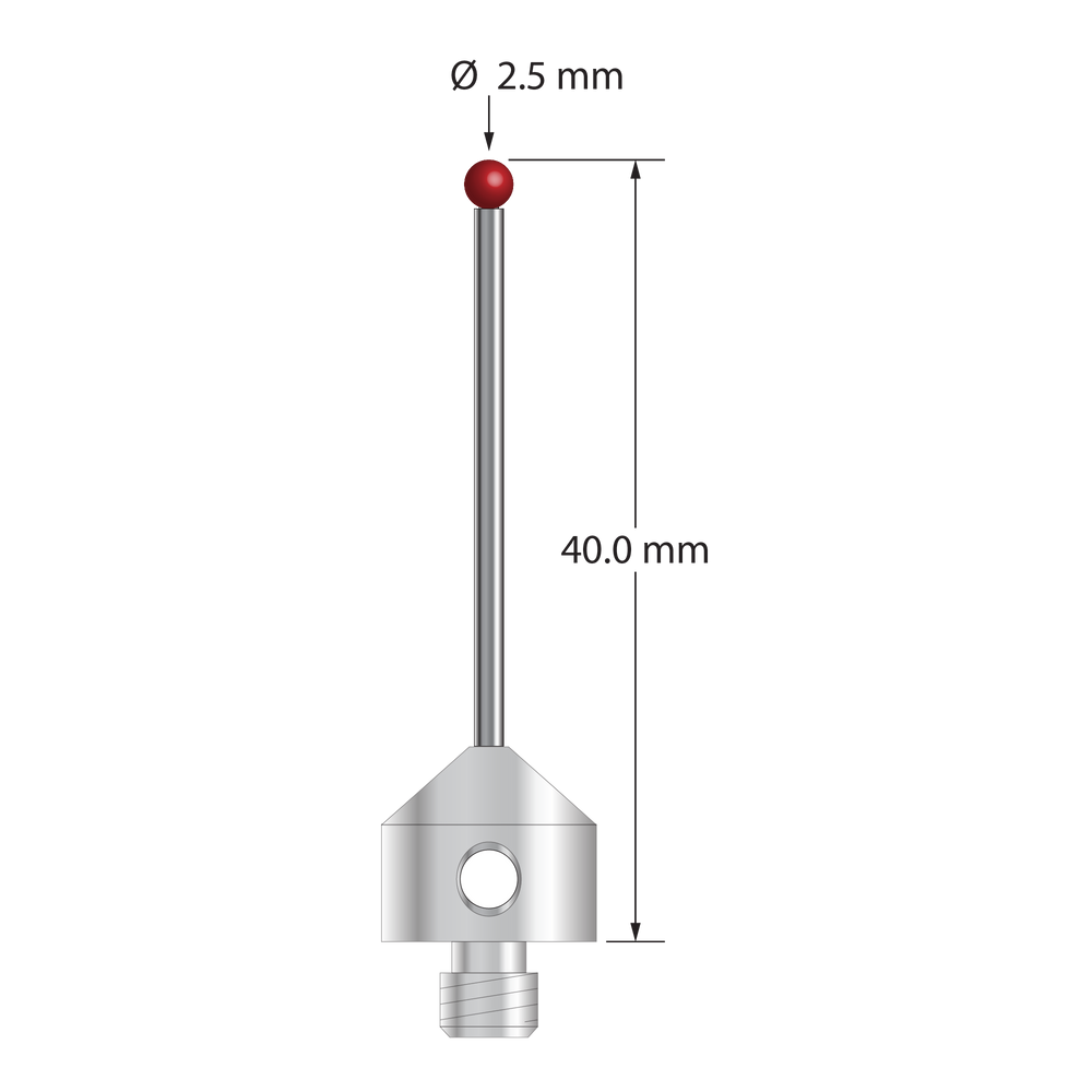 M5 stylus with 2.5 mm diameter ruby ball, 1.5 mm diameter carbide stem, and 11.0 mm diameter x 10.0 mm long stainless steel base.  Overall stylus length is 40.0 mm.  Stylus weight is 6.45 grams.  Compare to Zeiss 626115-0250-040.