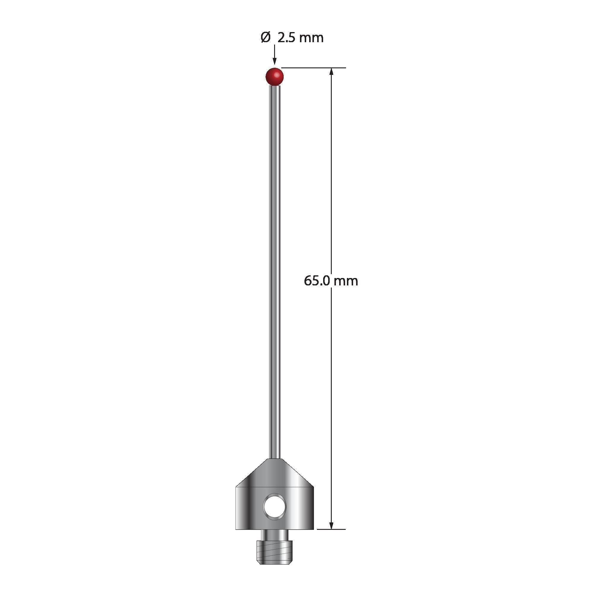 AFG-2565 M5 stylus with 2.5mm ruby ball, carbide stem, and stainless steel base, 65mm long.