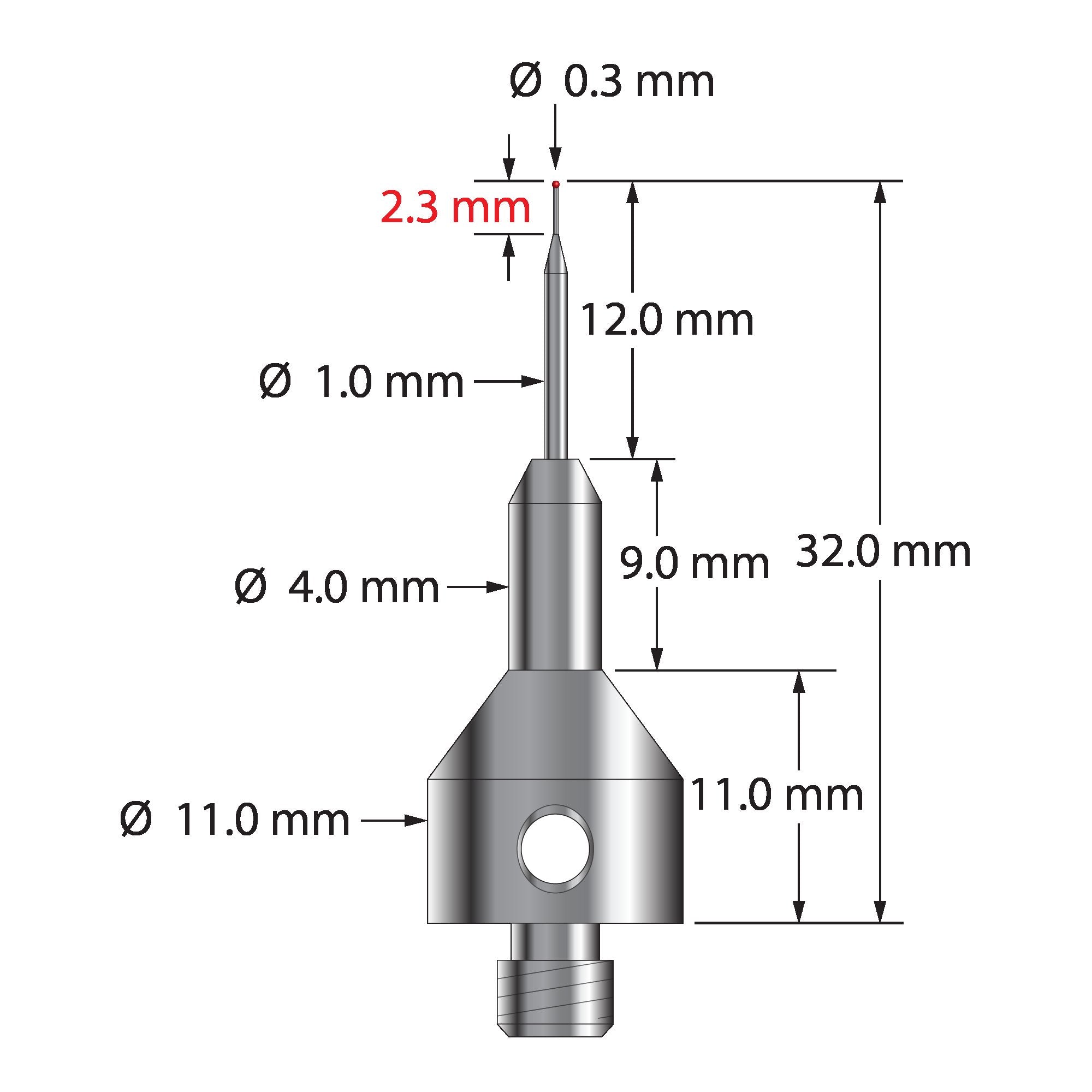 AQG-0332 M5 stylus with 0.3mm ruby ball, tapered carbide stem, and stainless steel base by Q-Mark Manufacturing, Inc.