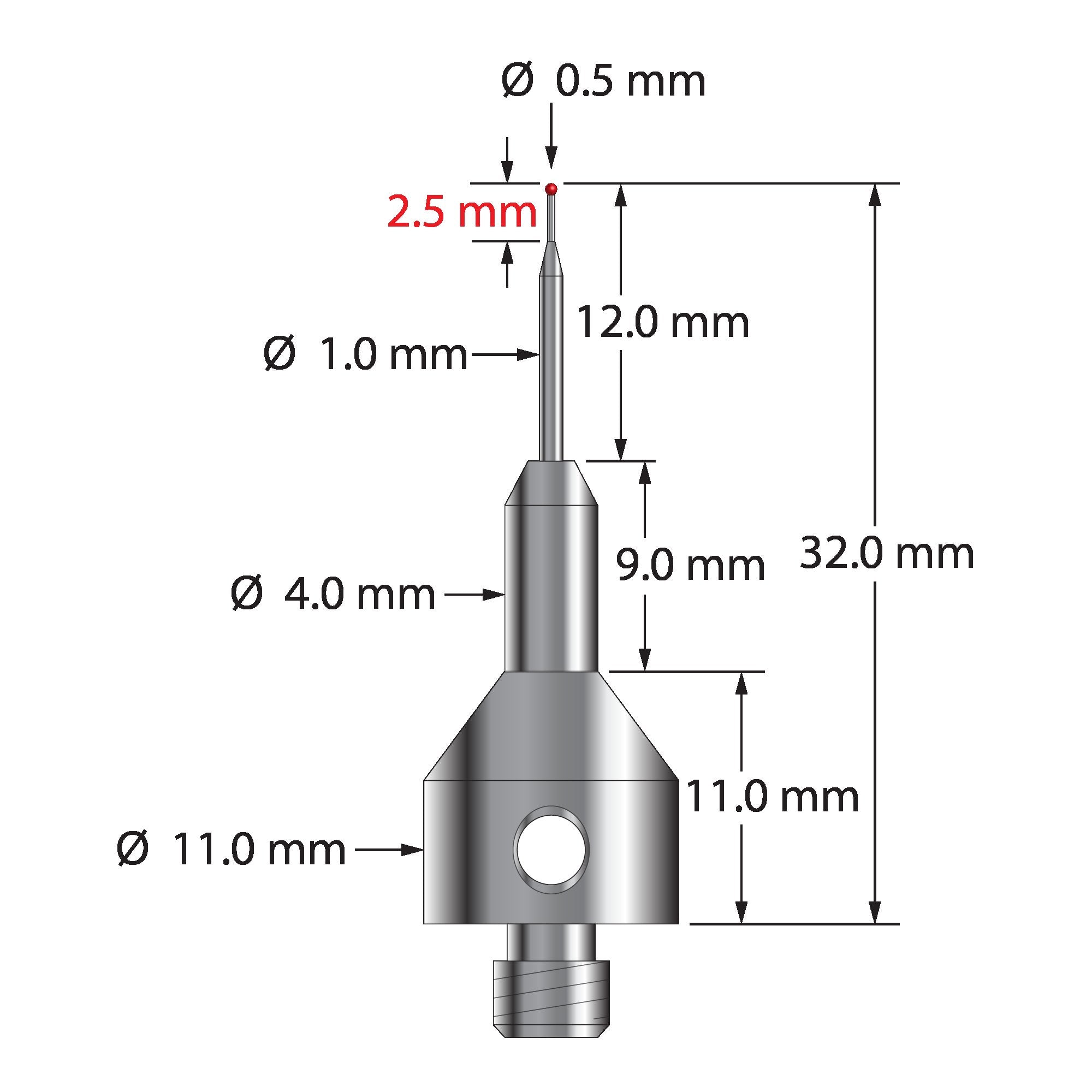 M5 stylus with 0.5 mm diameter ruby ball, tapered carbide stem, and 11.0 mm diameter by 20.0 mm long stainless steel base. Minor stem diameter is 0.3 mm; major diameter is 1.0 mm. Overall stylus length is 32.0 mm. Stylus weight is 7.09 grams. Compare to Zeiss 626115-0050-032.