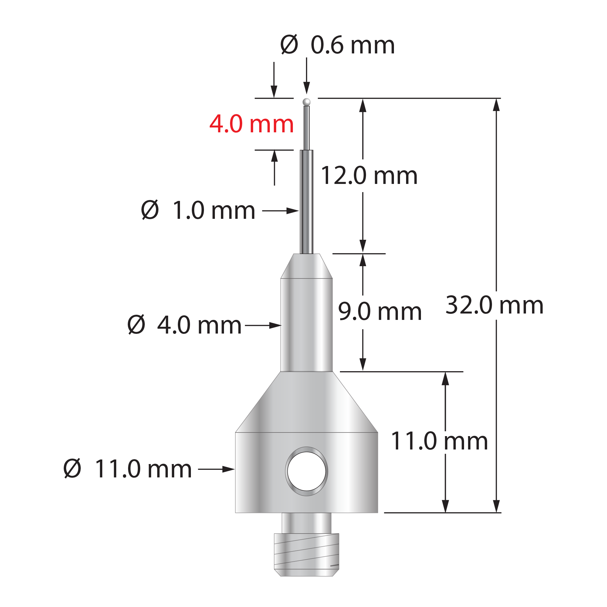 AQG-0632-Z M5 0.6mm zirconia ball stylus with stepped carbide stem and stainless steel base, 32mm long by Q-Mark Manufacturing, Inc.